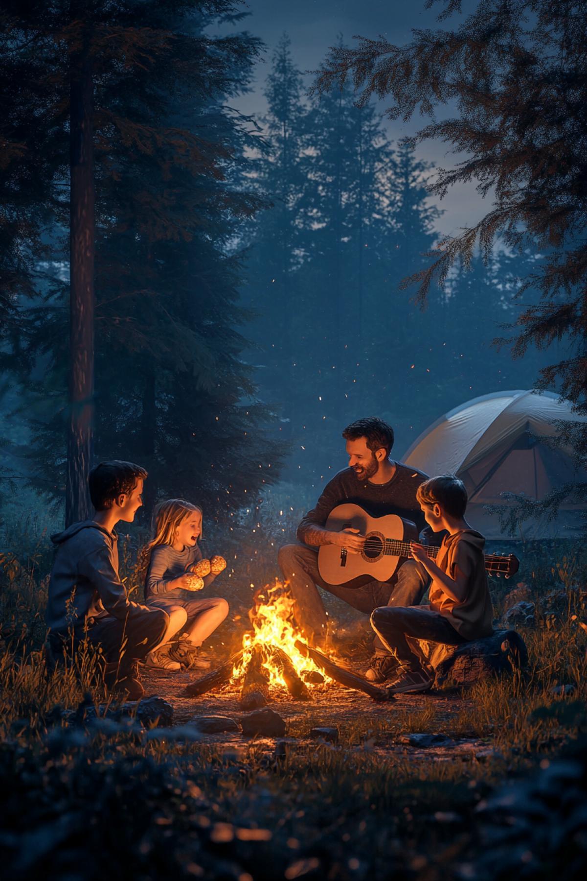 A family with three children sits in the forest around a fire in the evening. A man plays the guitar, children happily chew bread toasted over a fire. There is a tent in the background.