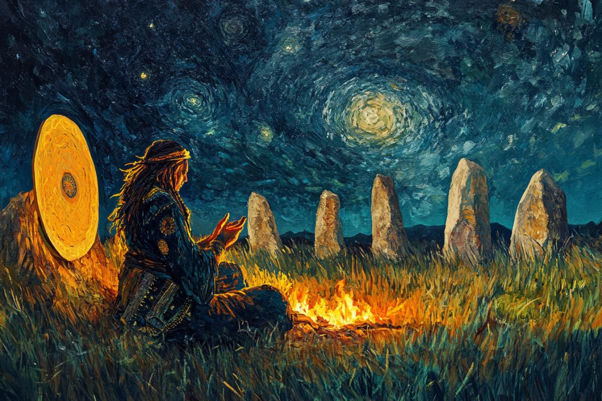 Shaman swearing with a tamboyellow water by the fire, menhirs, steppe, starry night