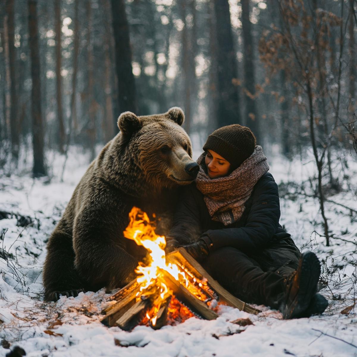 Bonfire in the winter forest. At the fire, a brown bear hugs a woman, warms her, they sit by the fire. High quality photo. cinematic