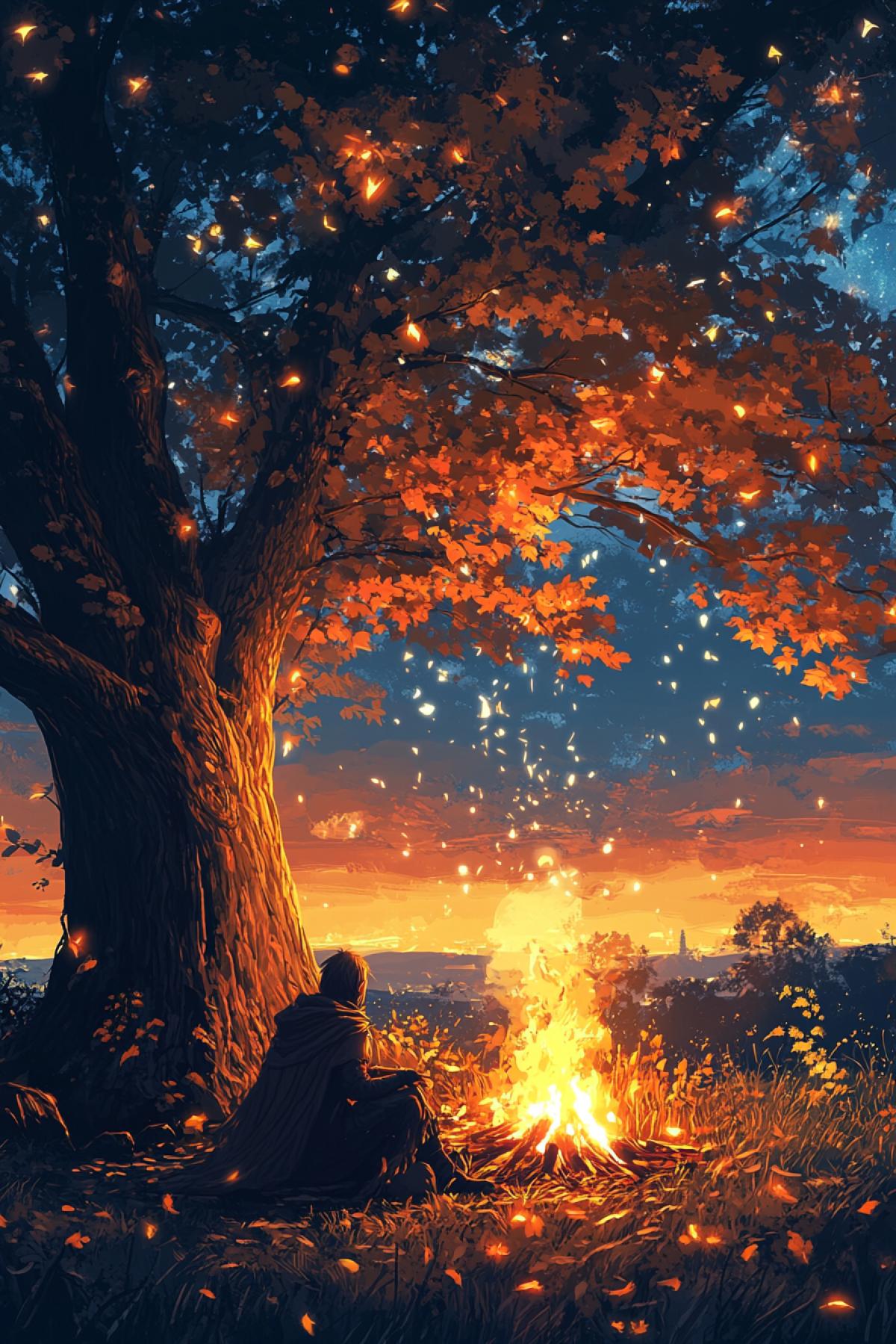 A lonely knight errant sits by the fire, leaning his back against a tree. In the autumn forest. Twilight. The stars are twinkling in the sky. Sparks from the fire fly skyward. Beautiful.