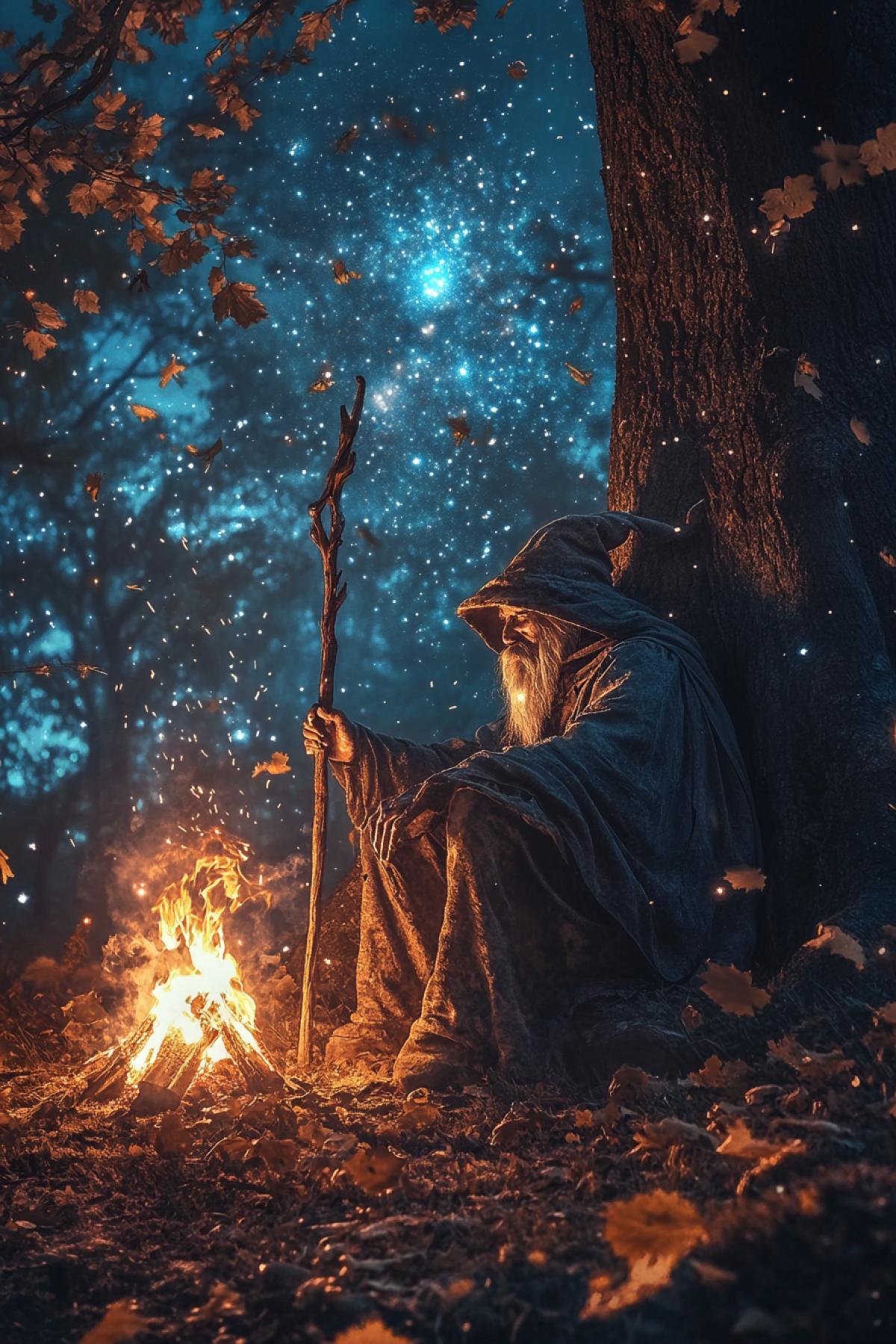 A wandering wizard with a staff sits by the fire, leaning his back against a tree. In a fairytale forest in autumn forest. The stars are twinkling in the sky. Sparks from the fire fly skyward. Lots of blue and light blue. Beautiful.