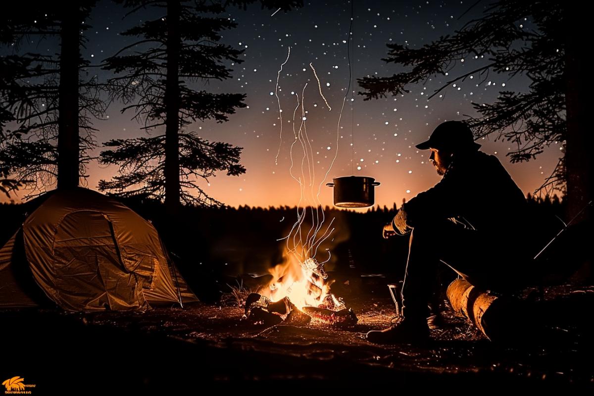 Summer evening, a fire on the river bank, a pot hanging over the fire, a fisherman cooking fish soup by the fire. there is a tent to the side, and a second fisherman with a fishing rod by the water. Tall pines. Stars in the blue sky, pink sunset. An atmosphere of peace and closeness to nature.