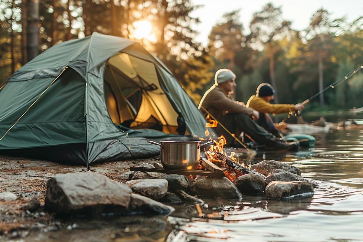 Summer evening, a fire on the river bank, a pot hanging over the fire, a fisherman cooking fish soup by the fire. there is a tent to the side, and a second fisherman with a fishing rod by the water. Tall pines. Stars in the blue sky, pink sunset. An atmosphere of peace and closeness to nature.