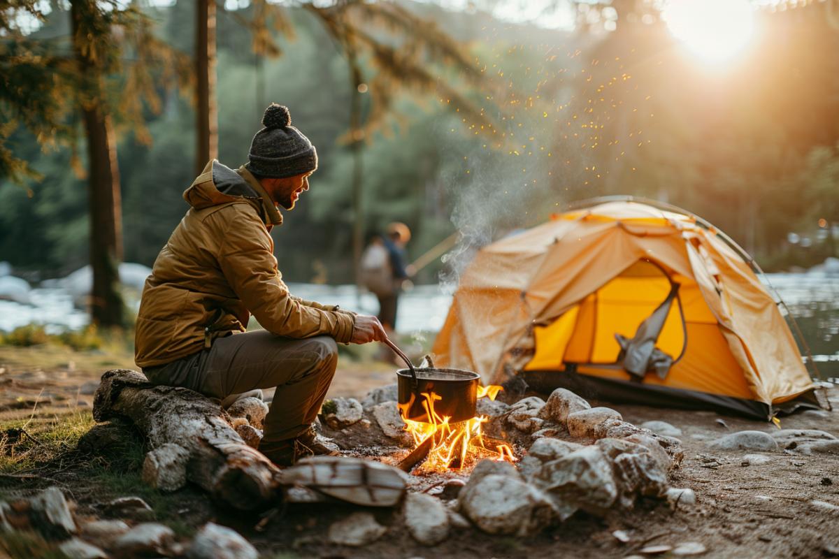 Summer evening, a fire on the river bank, a pot hanging over the fire, a fisherman cooking fish soup by the fire. there is a tent to the side, and a second fisherman with a fishing rod by the water. Tall pines. Stars in the blue sky, pink sunset. An atmosphere of peace and closeness to nature.