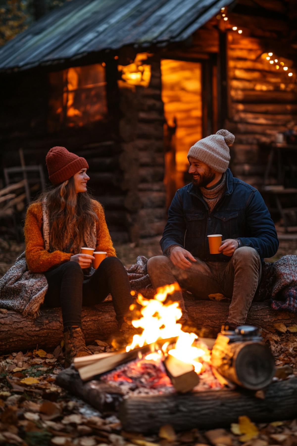 Cozy evening by the fire, warm light of the flame, dancing tongues of fire, dark forest in the background, starry sky, soft shadows on the faces of people sitting on logs, the smell of smoke, crackling firewood, autumn leaves underfoot, warm color palette with orange, yellow and red shades, an atmosphere of calm and comfort, light fog in the distance, warm blankets and blankets, mugs of hot drink, realistic style, depth of field, emphasis on the fire and peoples faces.