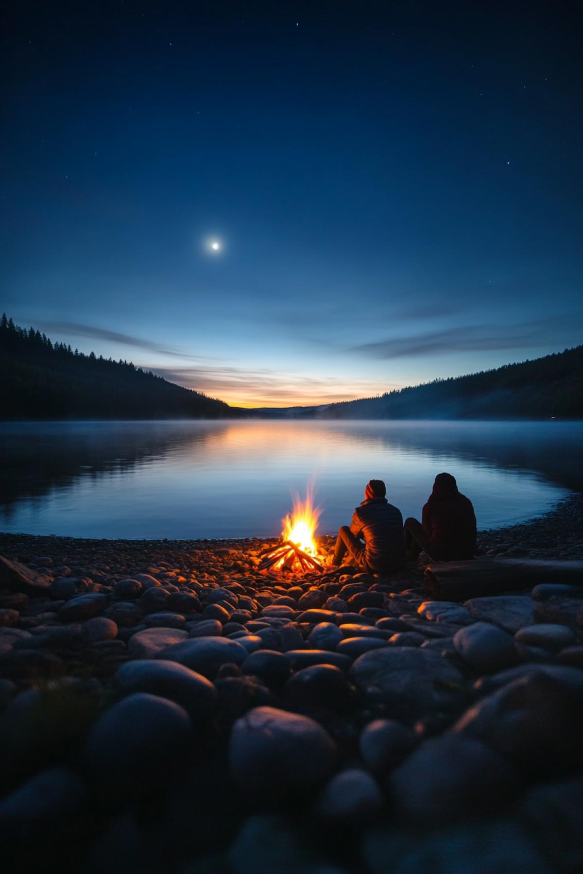 A fire on the shore of a lake, the reflection of a flame in the water, a quiet night, the moon in the sky, cold air, the warm light of a fire, people in warm clothes sitting on the stones, a light breeze, ripples on the water, dark blue and orange tones, realistic textures of stones and wood, depth of field, emphasis on fire and reflection, atmosphere of privacy and harmony, soft shadows, stars twinkling in the distance, slightly blurred background.
