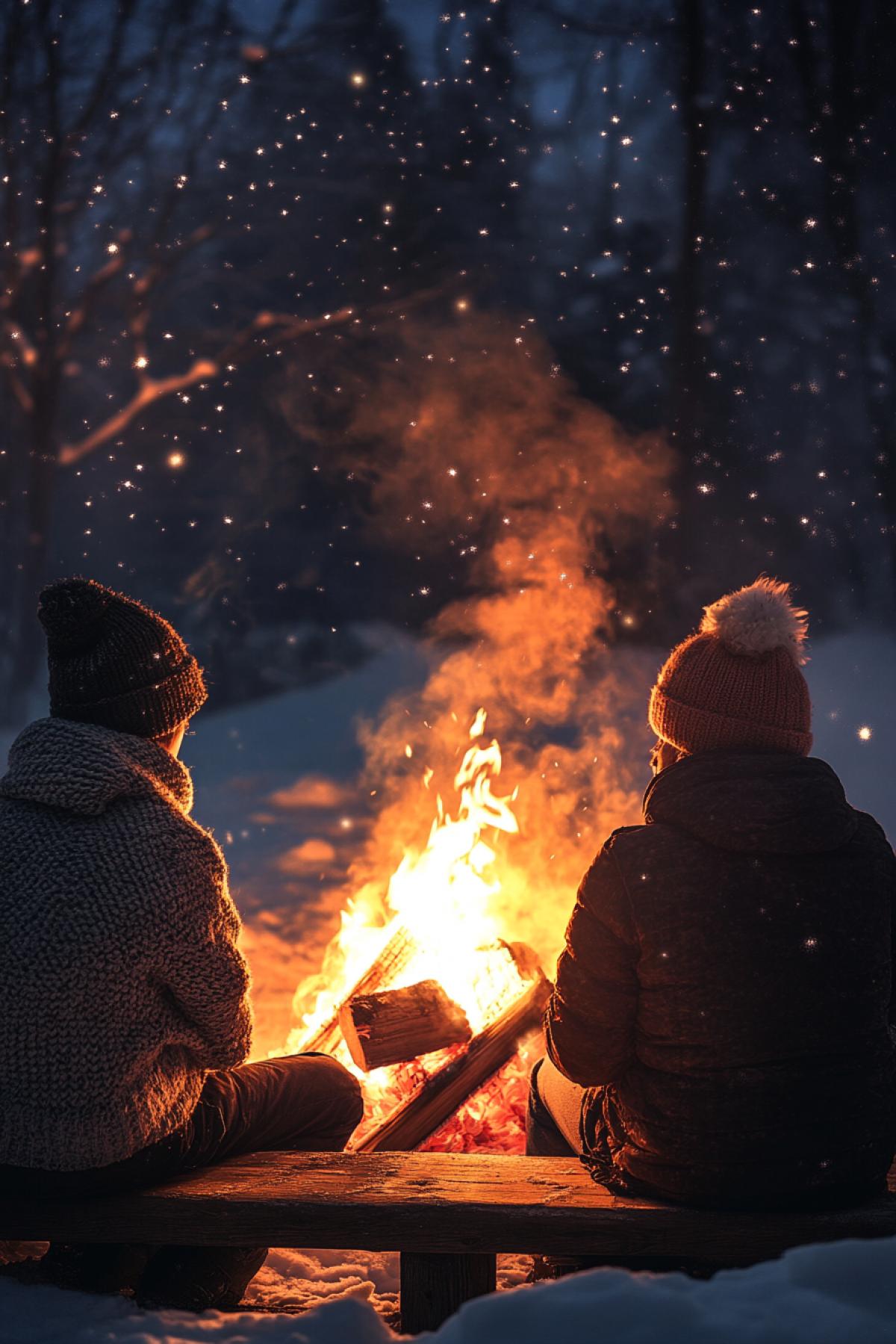Winter evening by the fire, snow around, bright flames, contrast of warm light and cold surroundings, people in woolen hats and scarves sitting on wooden benches, steam from breathing, dark sky with rare stars, realistic style, depth of field, emphasis on the fire and faces, a warm color palette with orange and white shades, soft shadows, textures of snow and wood, an atmosphere of comfort and warmth.