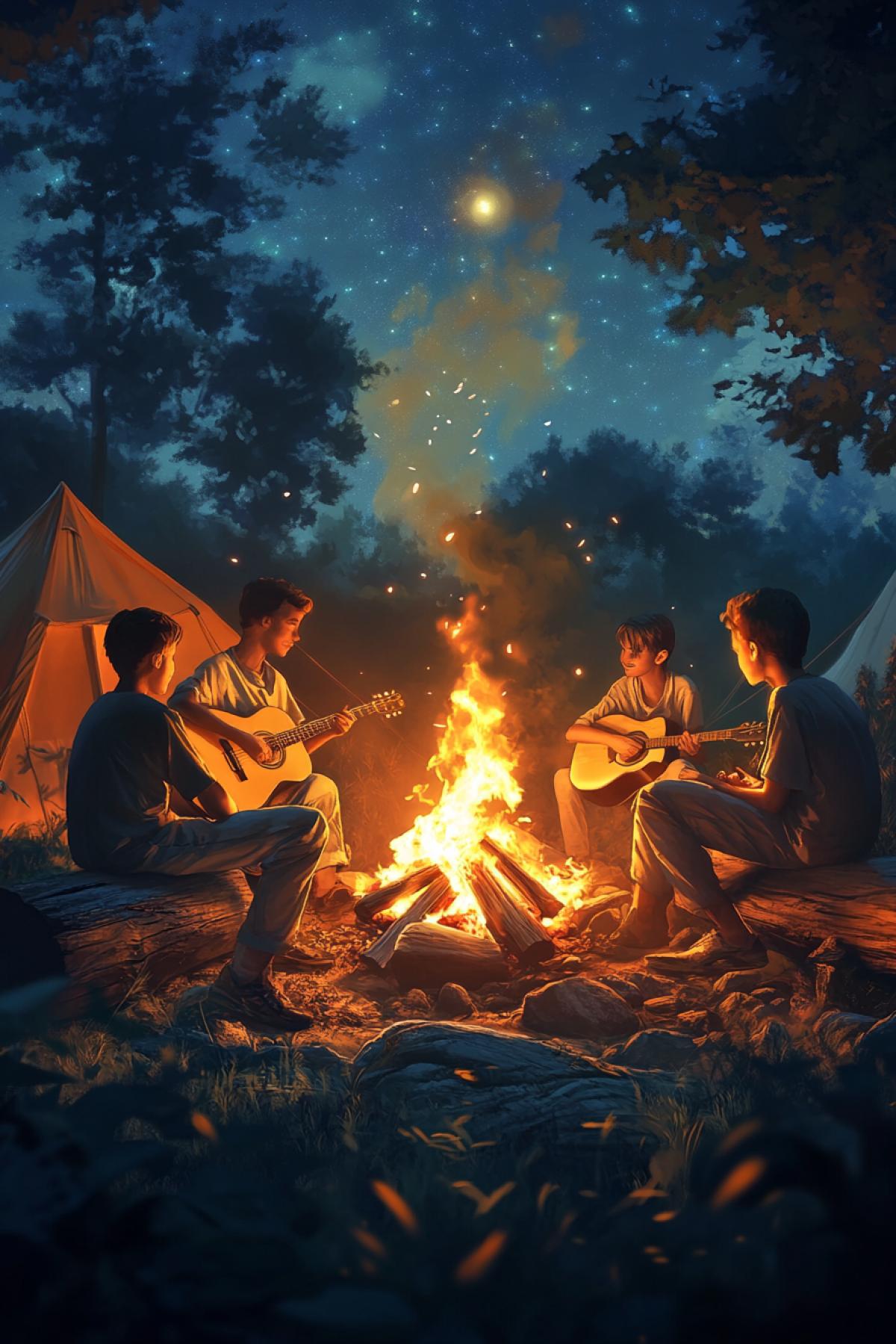 Summer camp by the fire, warm night, dancing flames, tents in the background, people with a guitar sitting on logs, starry sky, light smoke, warm orange and yellow tones, dark green trees around, realistic style, depth of field, accent on the fire and faces, an atmosphere of friendship and fun, soft shadows, textures of wood and fabric, a light breeze rustling the leaves.