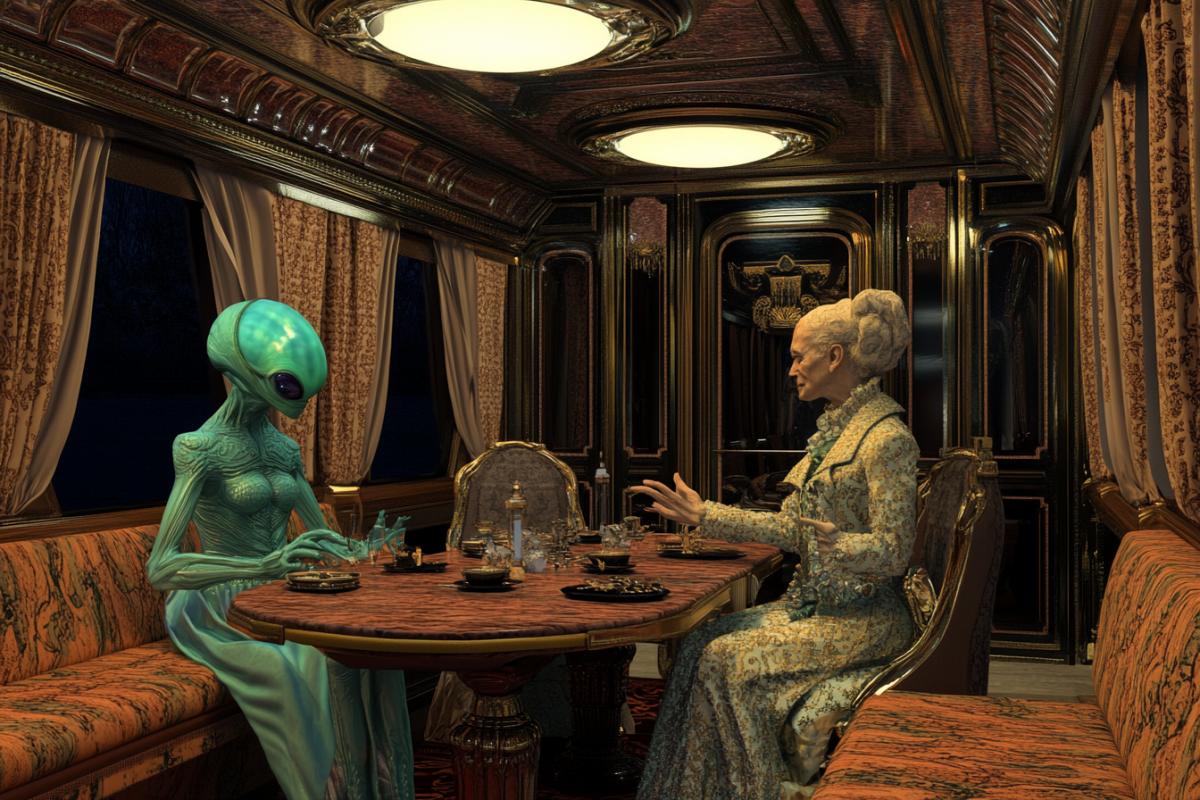 Secret meeting between the 45th leader of the United States and an alien in the luxury presidential carriage of the intergalactic express luxury baroque train
