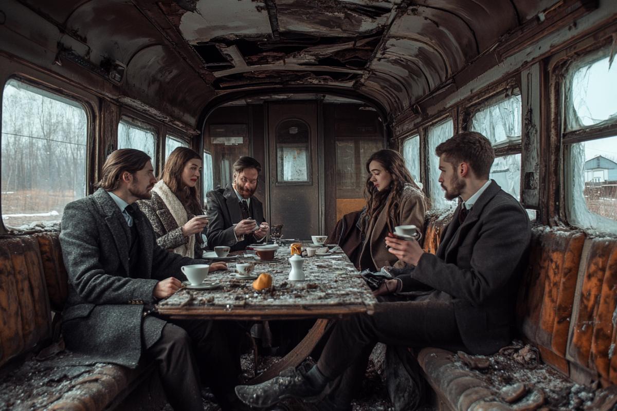 Rich people meeting over a cup of coffee in a destroyed train carriage