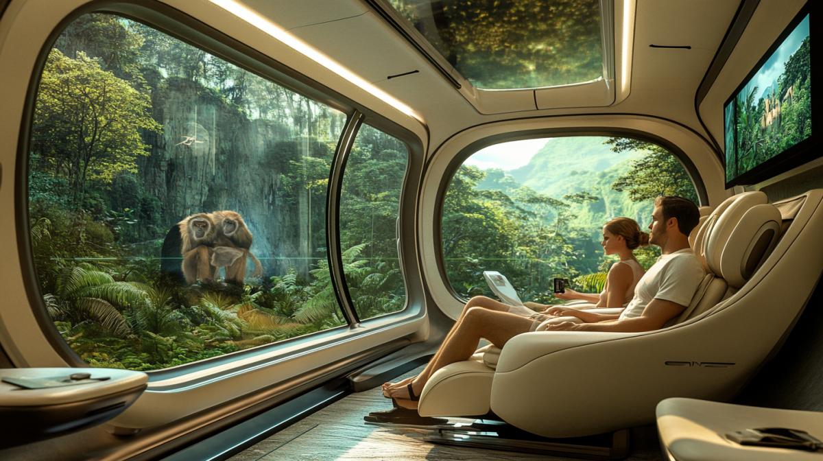 The train of the future, rides on rails, fantasy, ultra-modern, panoramic windows. A man and a woman are sitting on a train in massage chairs, watching TV on the wall, the train windows are panoramic, outside the window there is a jungle, monkeys. Surreal, High quality photo