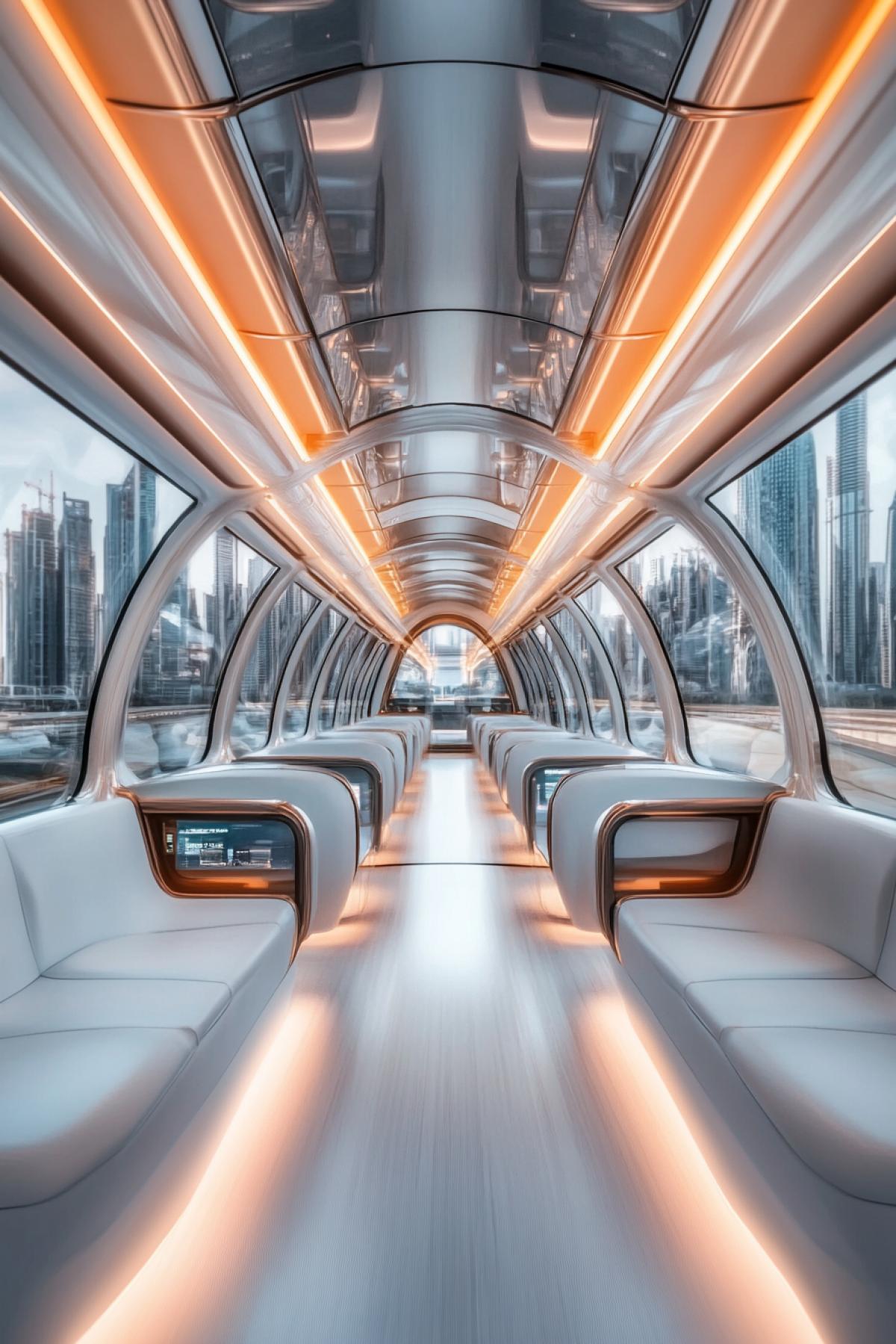 Futuristic VIP train, streamlined shapes, silver and white colors, panoramic windows overlooking the city of the future, neon lights, minimalist interior, backlit leather seats, high-tech control panels, passengers in modern clothes, an atmosphere of luxury and innovation, depth of field, emphasis on exterior and interior, realistic style, metal and glass textures, contrast of cold and warm tones.