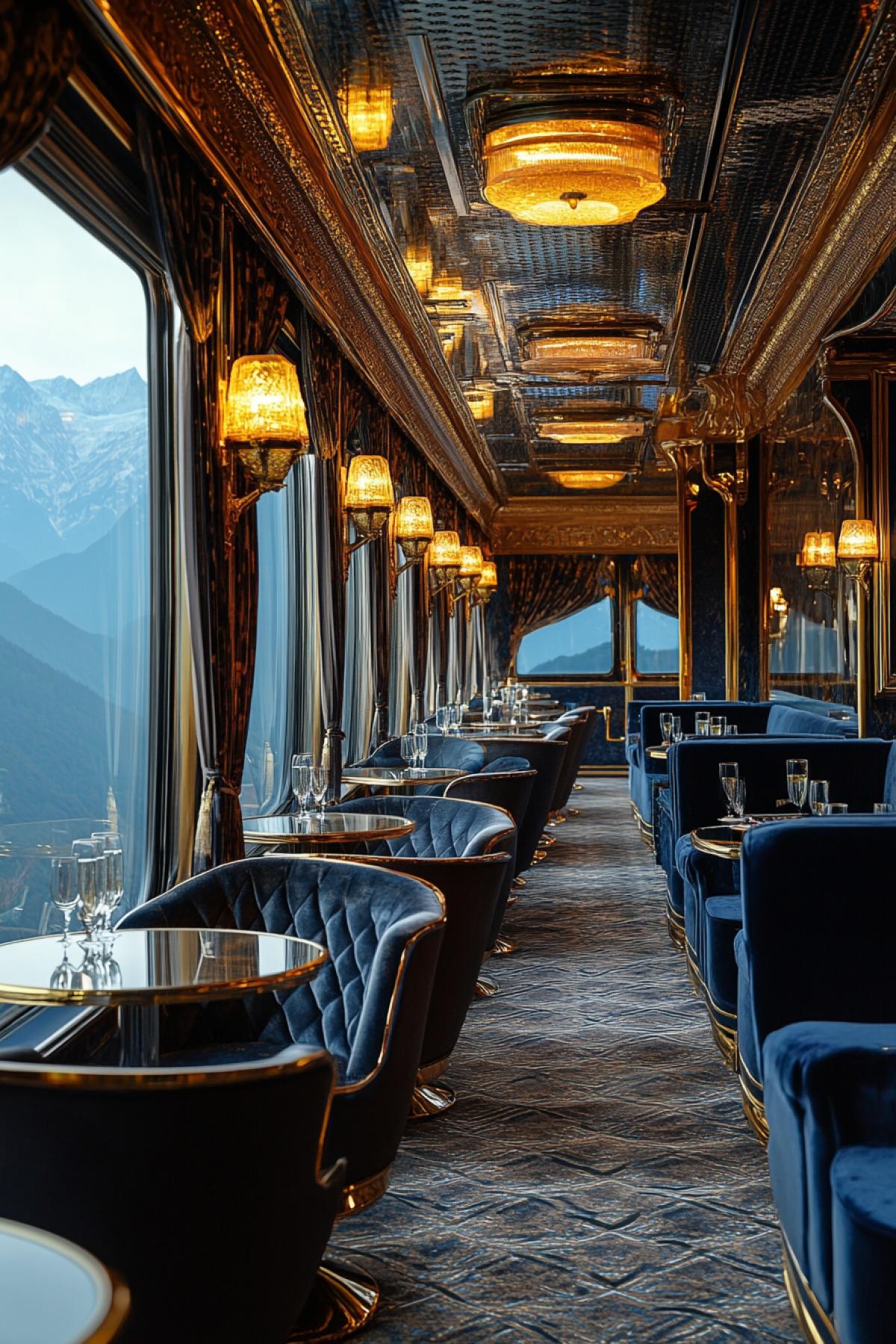 Luxurious VIP train in Art Deco style, a combination of gold and dark blue shades, glossy surfaces, exquisite patterns on the walls and ceiling, large windows overlooking the mountain landscape, soft lighting from crystal chandeliers, leather armchairs, velvet curtains, tables with glasses champagne, passengers in elegant clothes, atmosphere of comfort and exclusivity, depth of field, emphasis on interior and details, realistic style, textures metal, glass and fabric.