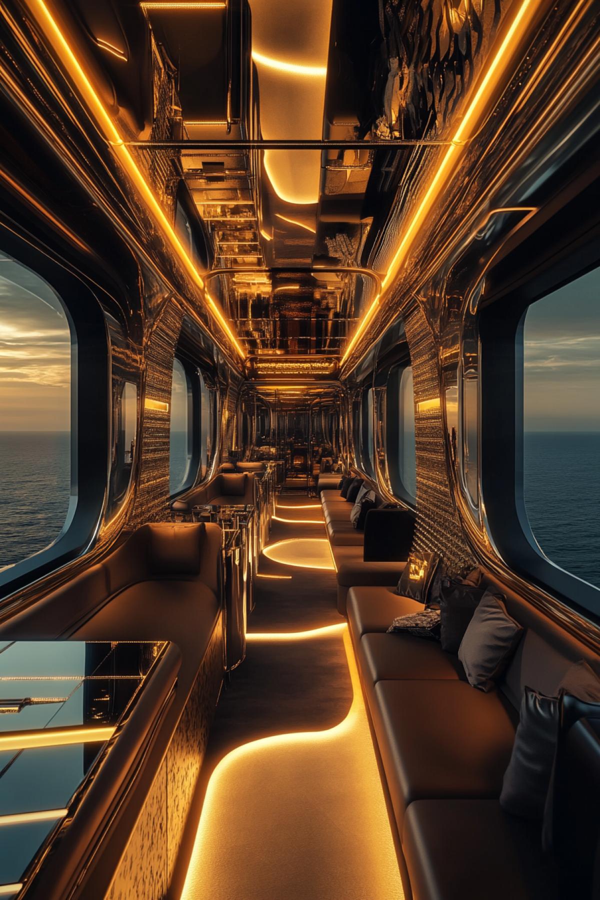 Exclusive VIP train in the style of modern luxury, dark and gold colors, mirror surfaces, panoramic windows overlooking the ocean, soft lighting, leather sofas, glass partitions, passengers in expensive clothes, an atmosphere of prestige and comfort, depth of field, emphasis on the interior and exterior , realistic style, textures of glass, metal and leather, contrast of dark and light tones.