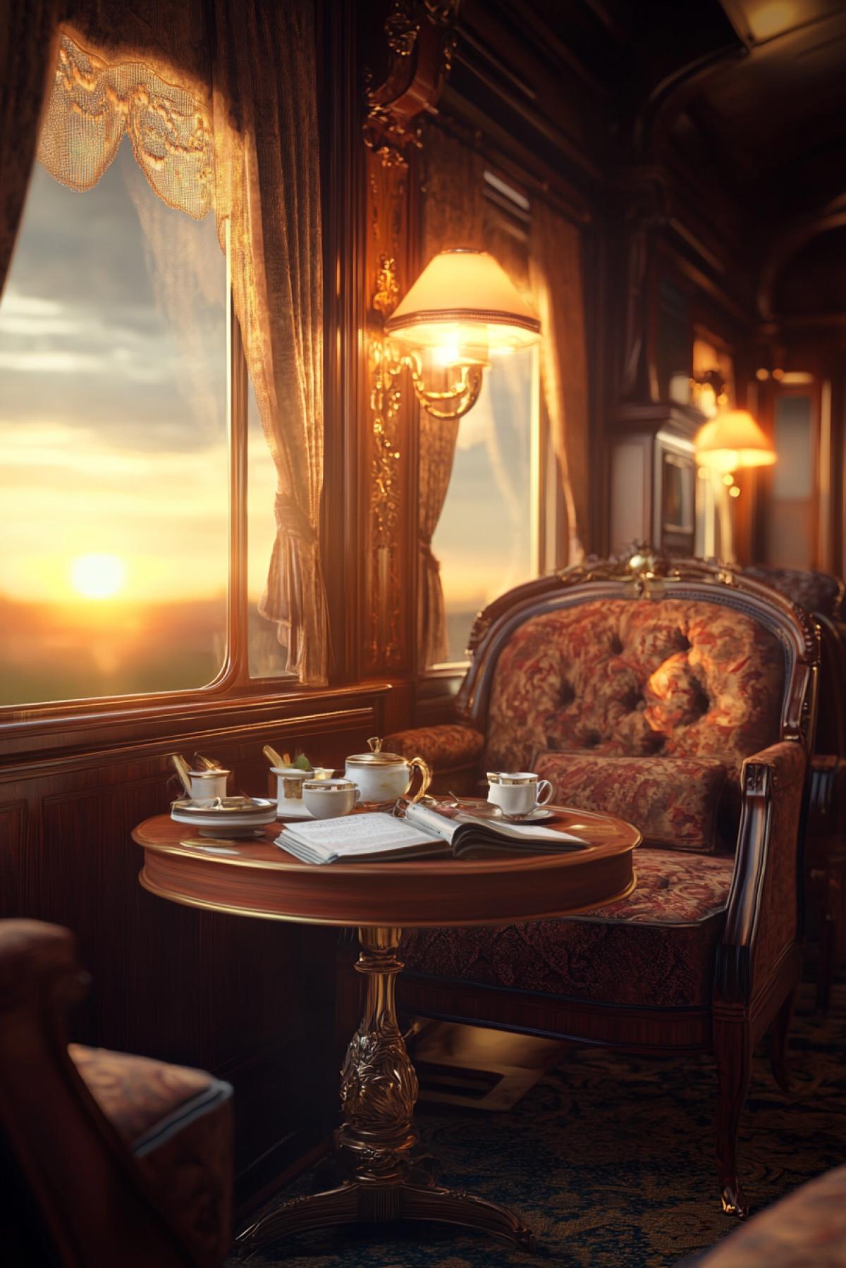 Classic VIP train in early 20th century style, wooden trim, velvet seats, brass details, large windows overlooking the sunset, soft light from table lamps, exquisite carpets, tables with books and cups of tea, passengers in vintage clothes, an atmosphere of nostalgia and elegance , depth of field, emphasis on the interior and details, realistic style, wood and fabric textures, warm color palette.