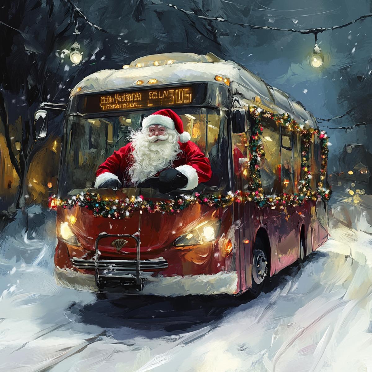 Draw Santa Claus riding an electric bus decorated with garlands