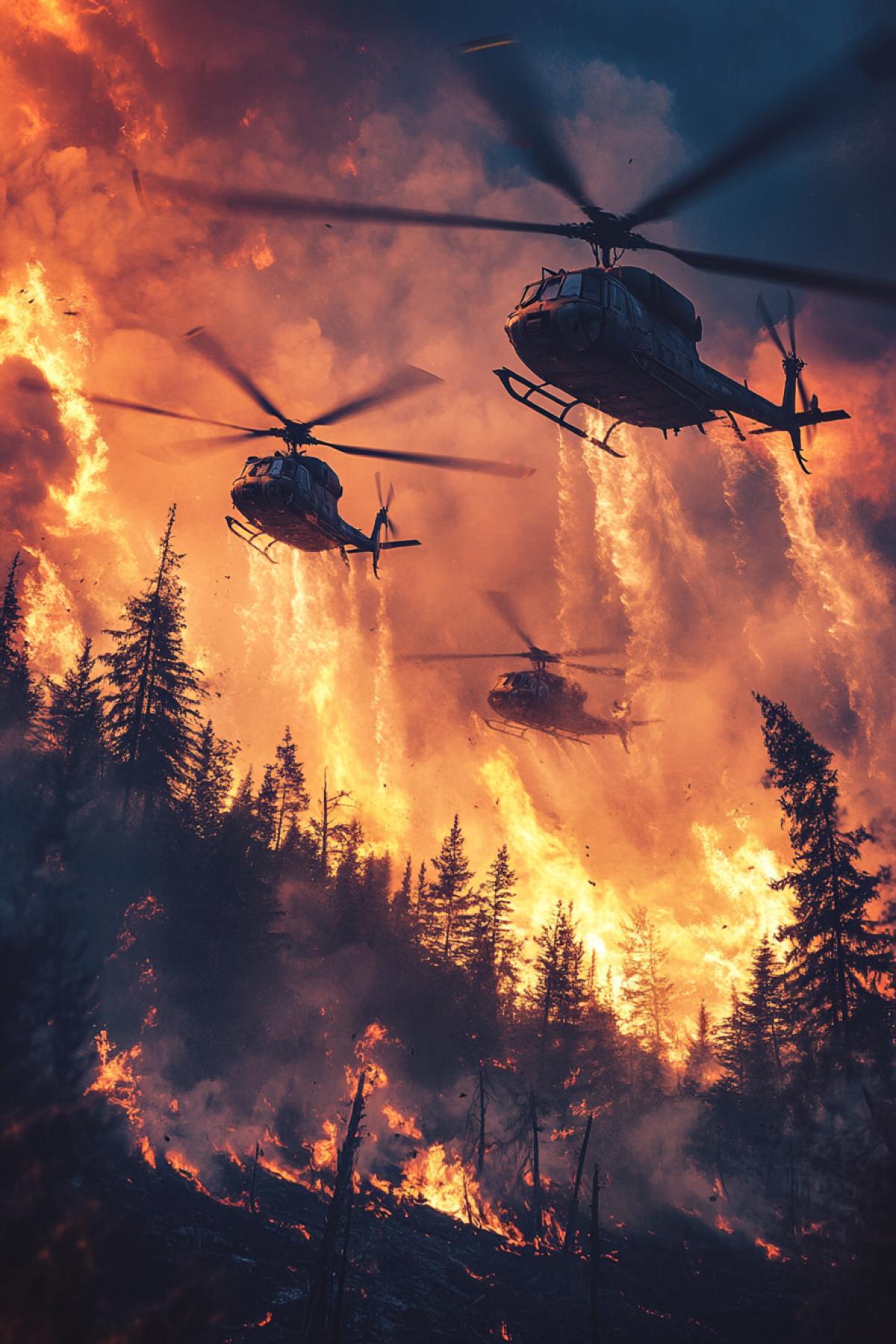 Powerful helicopters flying low over a burning forest, big clouds of smoke, bright tongues of flame, water pouring from overhead tanks, contrast of orange fire and blue sky, realistic style, depth of field, emphasis on helicopters and fire, textures of smoke, water and metal, dynamic com4k, tense atmosphere, shadows from helicopters on the ground, forest landscape, destroyed trees, bright highlights light, movement and energy.