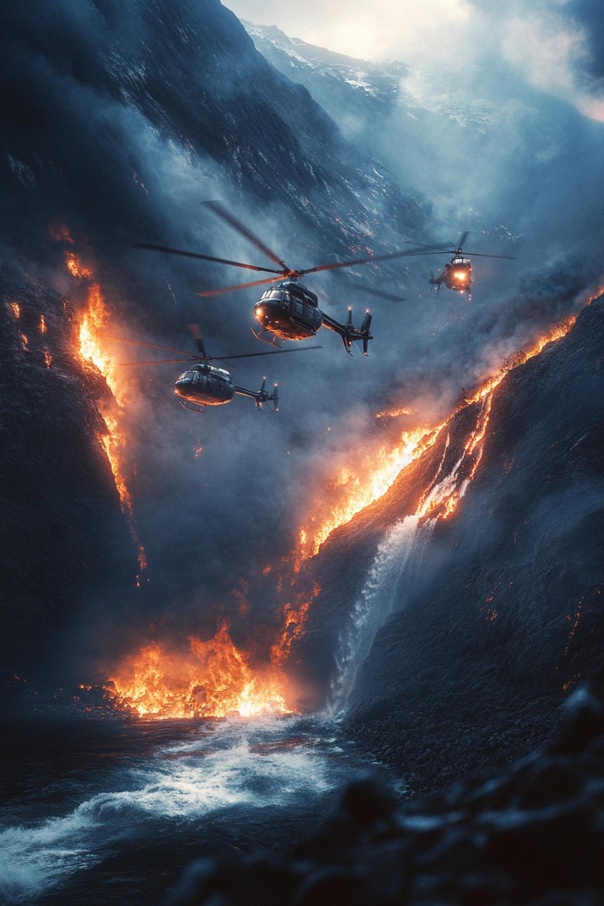 Helicopters working as a team put out a large fire in the mountains, thick smoke rising to the sky, bright flashes of flame, water crashing against burning trees, realistic style, depth of field, emphasis on the interaction of helicopters and fire, textures of rocks, smoke and water, dramatic lighting, contrast of dark smoke and bright flames, tense atmosphere, mountain landscape, movement and power.