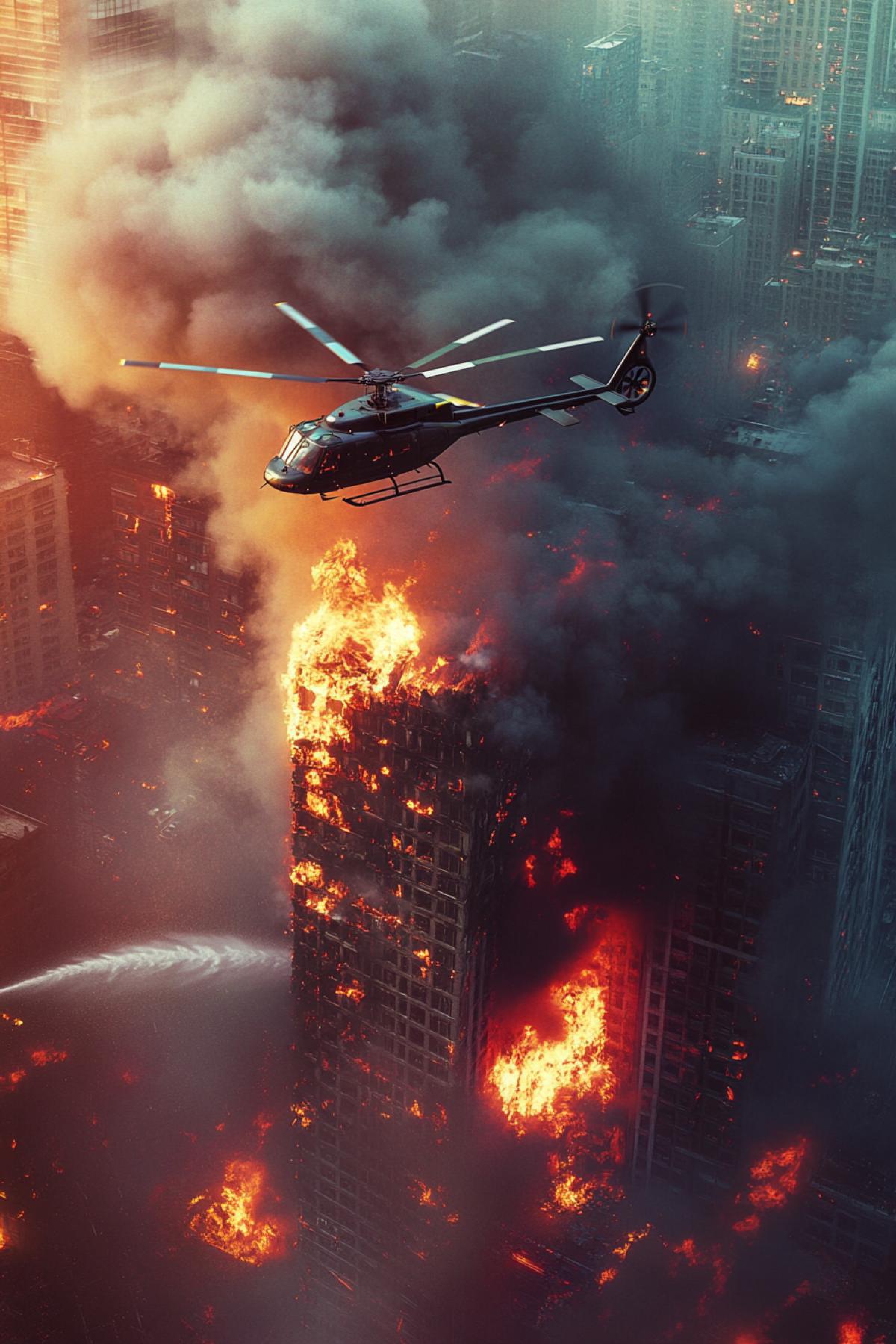 Helicopters fighting fires near residential buildings, thick smoke rising from rooftops, bright flames, water crashing on burning buildings, realistic style, depth of field, emphasis on helicopters and burning buildings, smoke, water and brick textures, tense atmosphere, urban landscape, shadows from helicopters on the ground, movement and drama, contrast of fire and water.