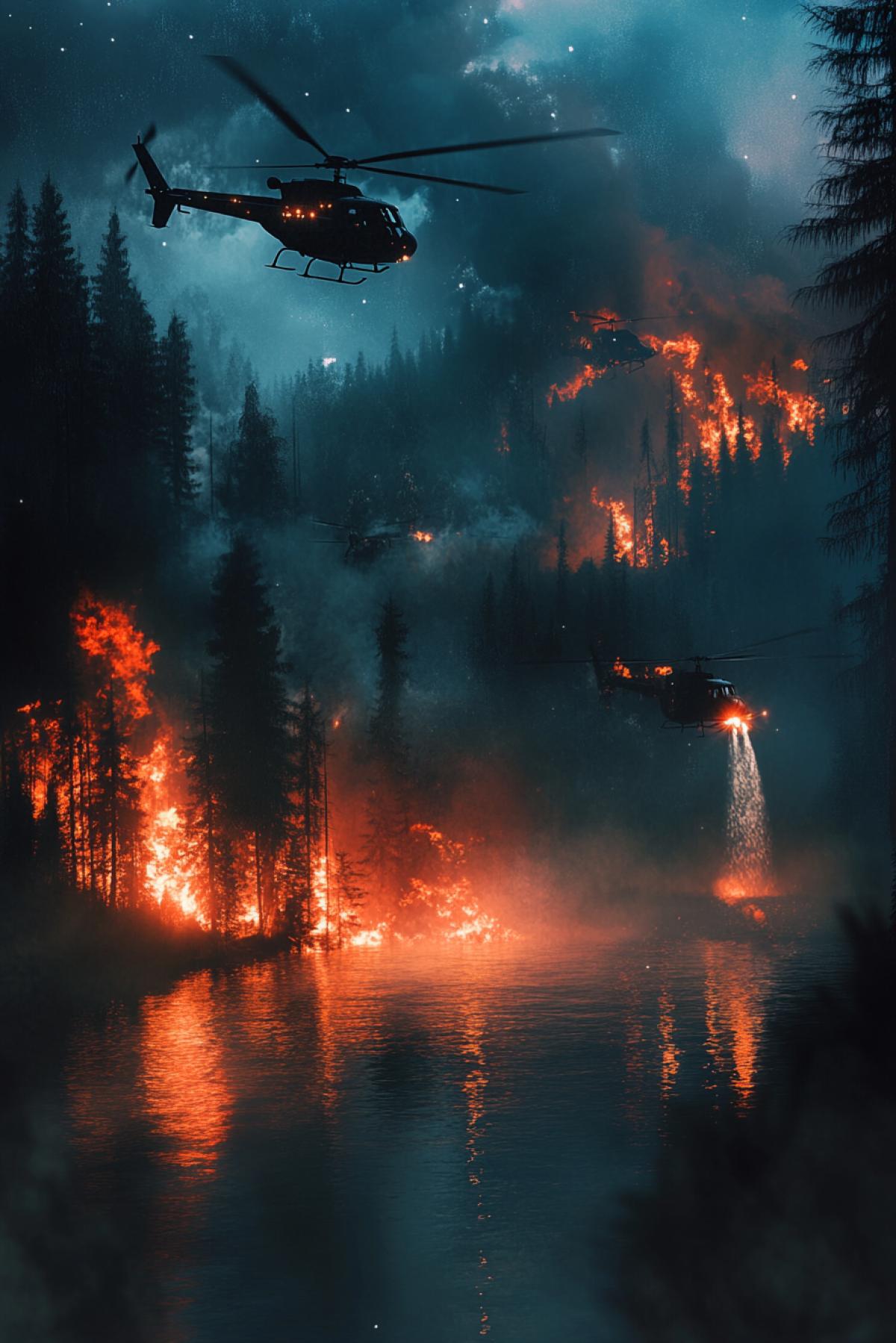 Night scene, helicopters with spotlights illuminating a burning forest, bright flashes of flame, thick smoke reflecting light, water falling from a height, realistic style, depth of field, emphasis on light and shadow, textures of fire, smoke and metal, dramatic atmosphere, dark sky with rare stars, forest landscape, movement and tension, contrast of warm and cold tones.