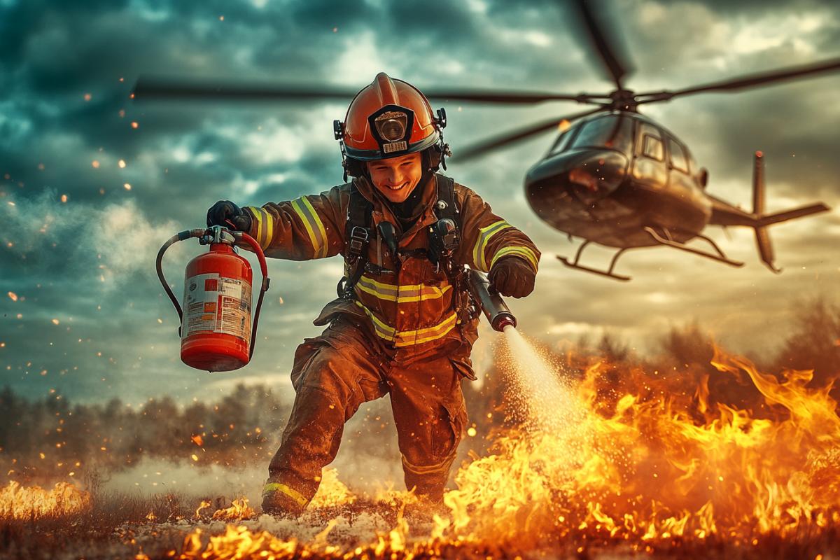 A cheerful fireman with a fire extinguisher extinguishes a fire made by children from a helicopter