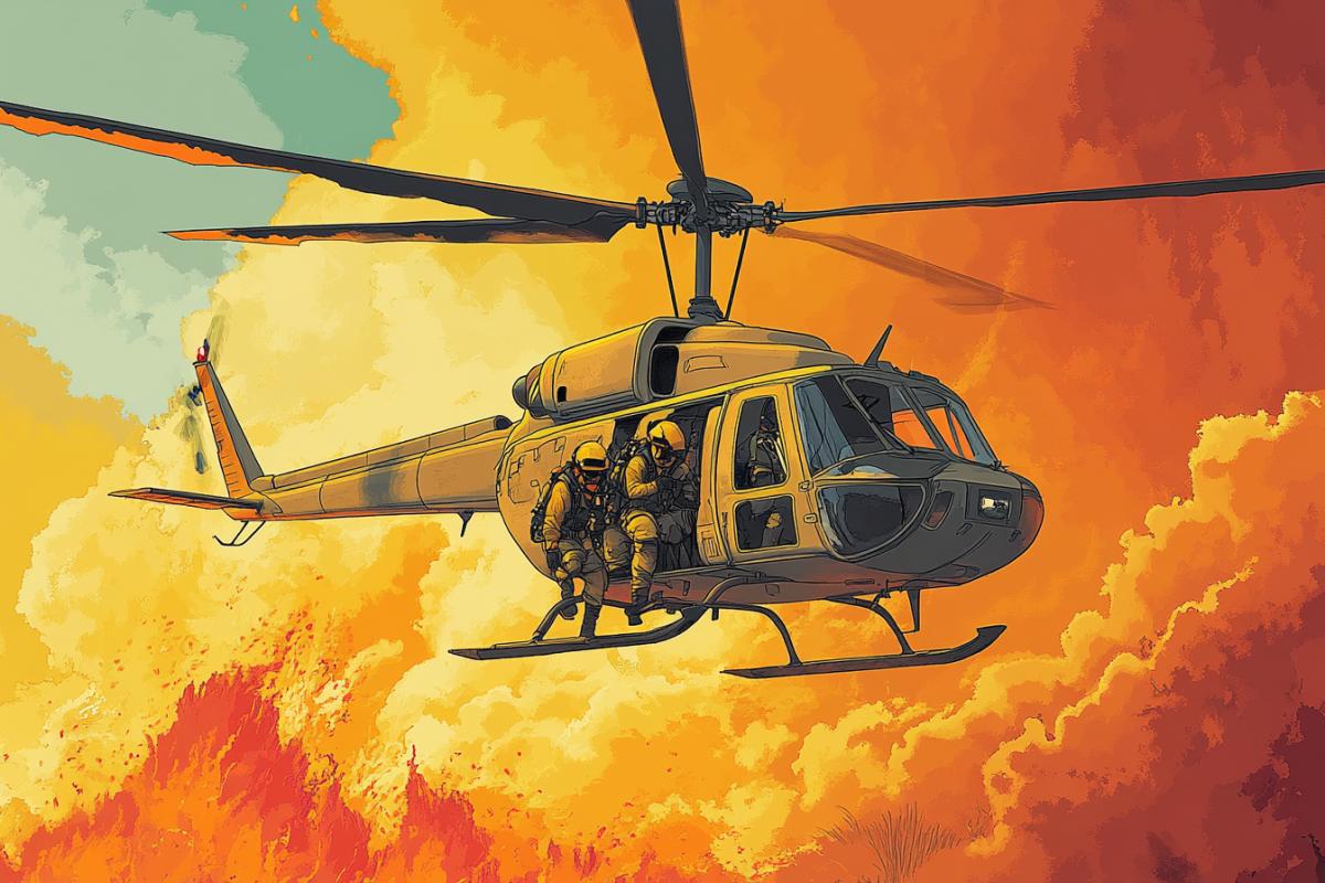 Cartoon of firefighting from a helicopter