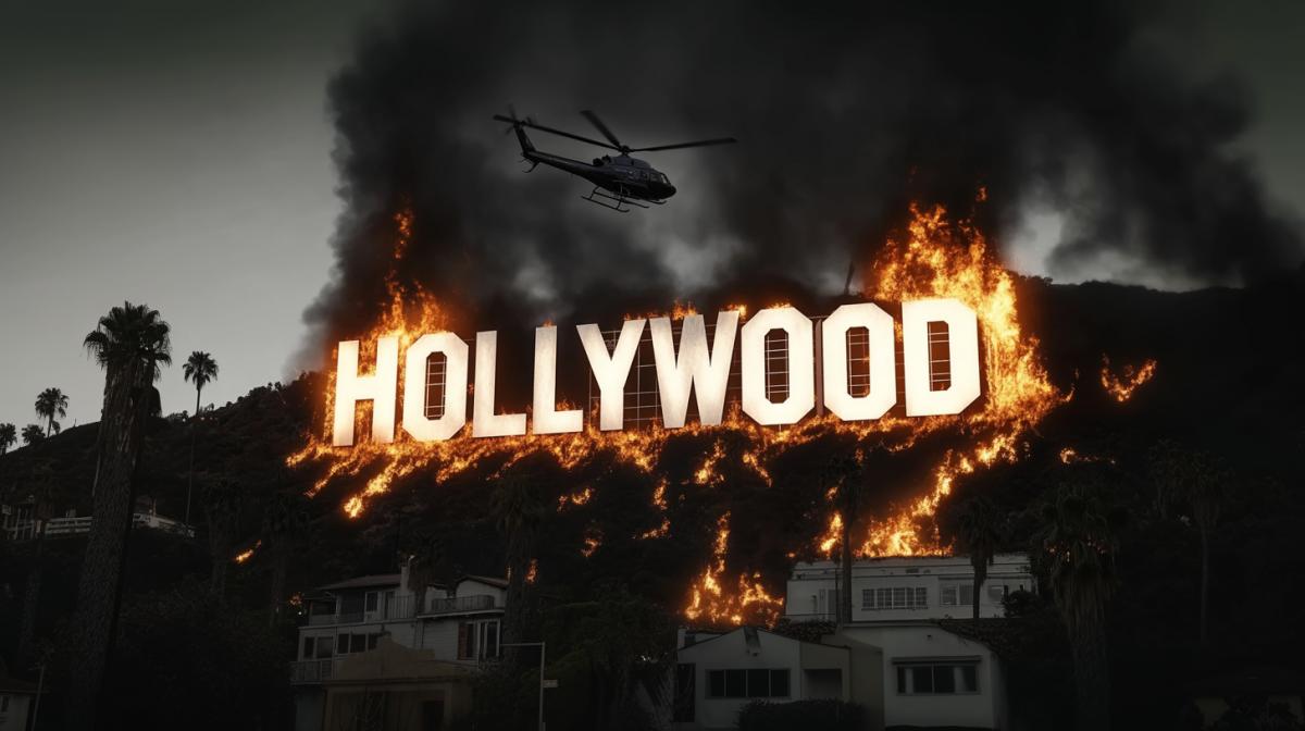 Hollywood is on fire. Apocalypse. Everything around is burning. The inscription of three-dimensional letters \"HOLLYWOOD\" is on fire. The letters are on fire. A helicopter flies, puts out the fire. Burning palm trees, houses. Realistic. High quality photo