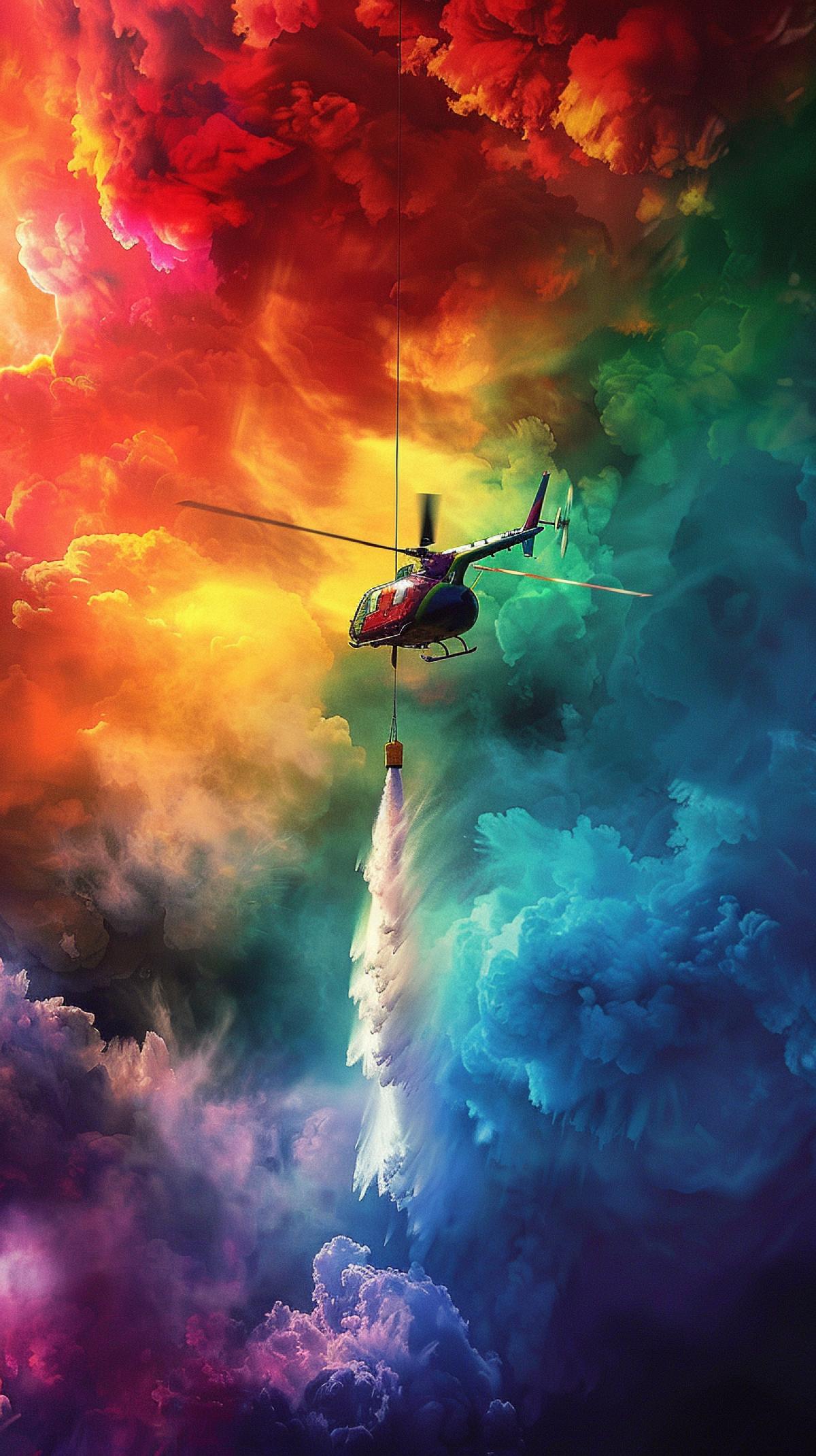 A small helicopter in rainbow colors pours a bucket of water on a big fire raging below