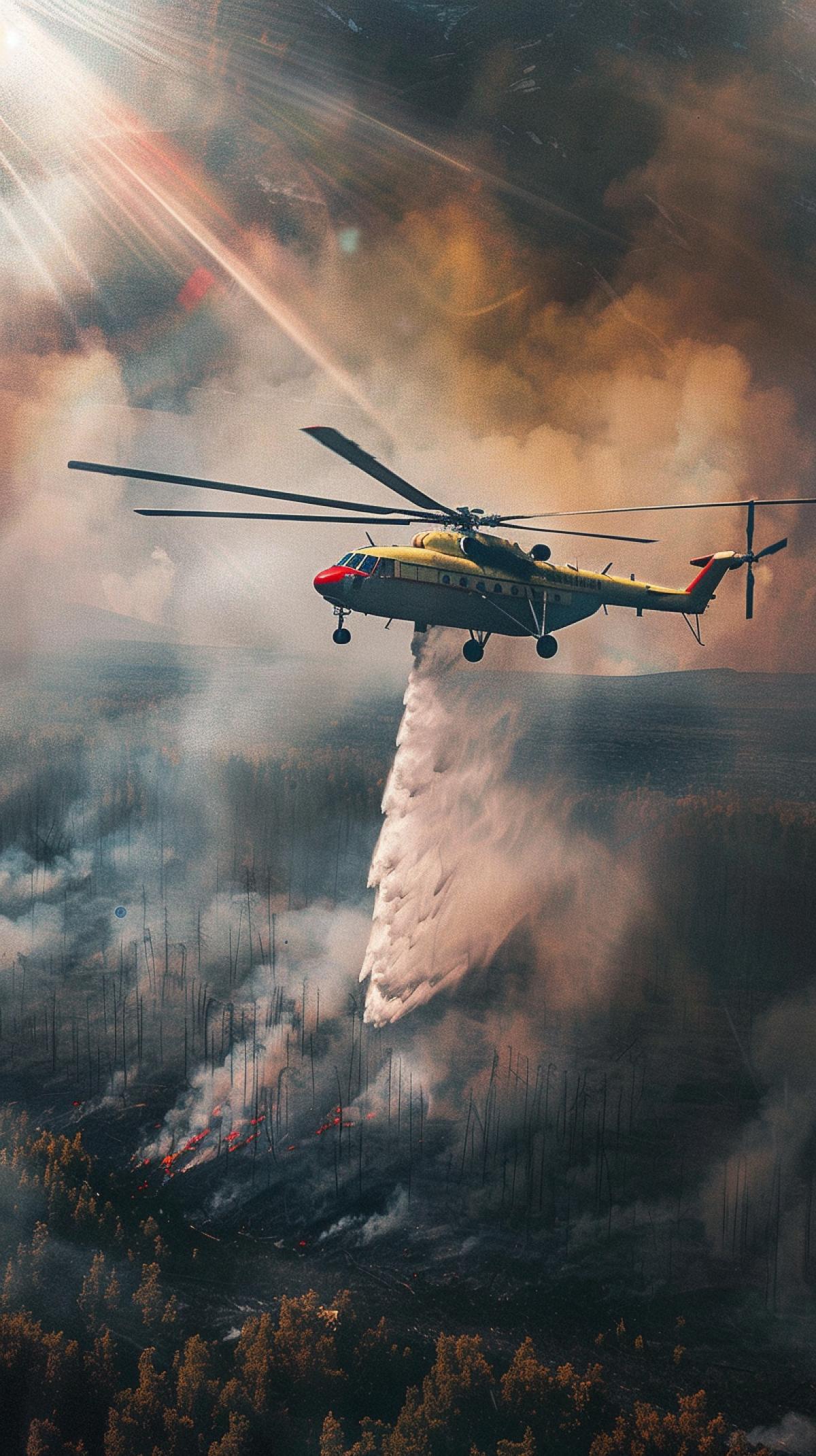 A big Russian helicopter extinguishes fires in the mountain taiga from a large Red tank underneath it, fire, smoke, rays of the sun through clouds of smoke, the atmosphere of the fight against the fiery element