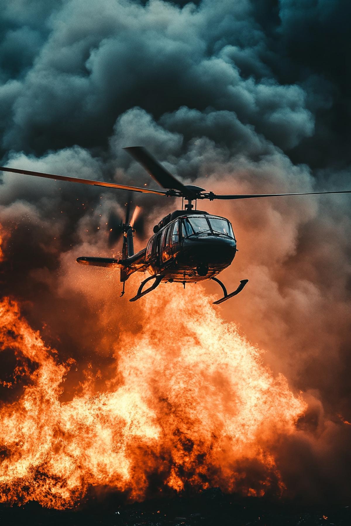 helicopter extinguishing a raging fire disaster