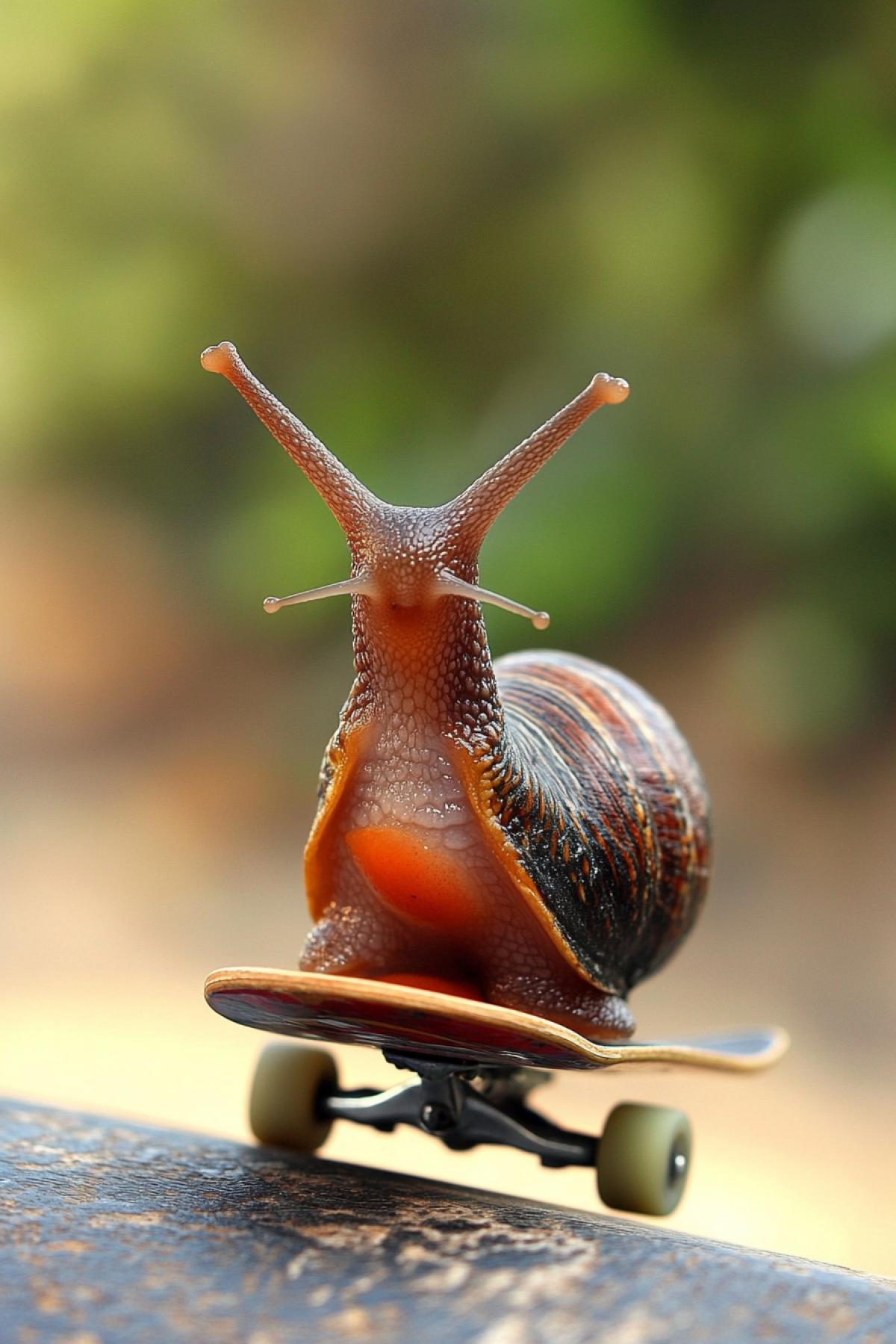 A snail courier on a skateboard.