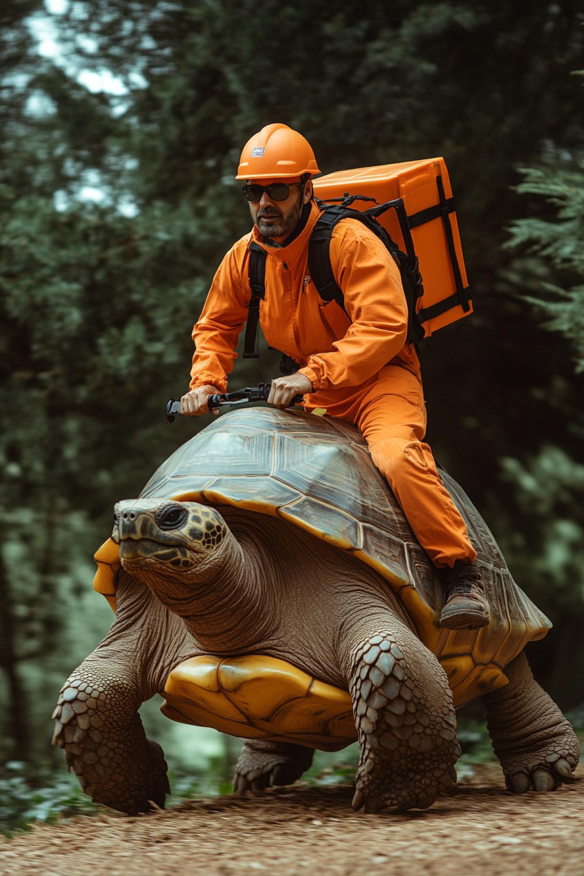 A man in an orange uniform with a courier backpack, wearing an orange helmet, rides a large turtle