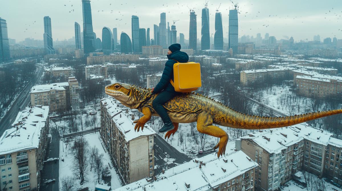 A male courier with a square yellow backpack sits on a large lizard and flies around the city on it. All around are tall buildings of Moscow City, snowflakes. High quality photo. Photo from above