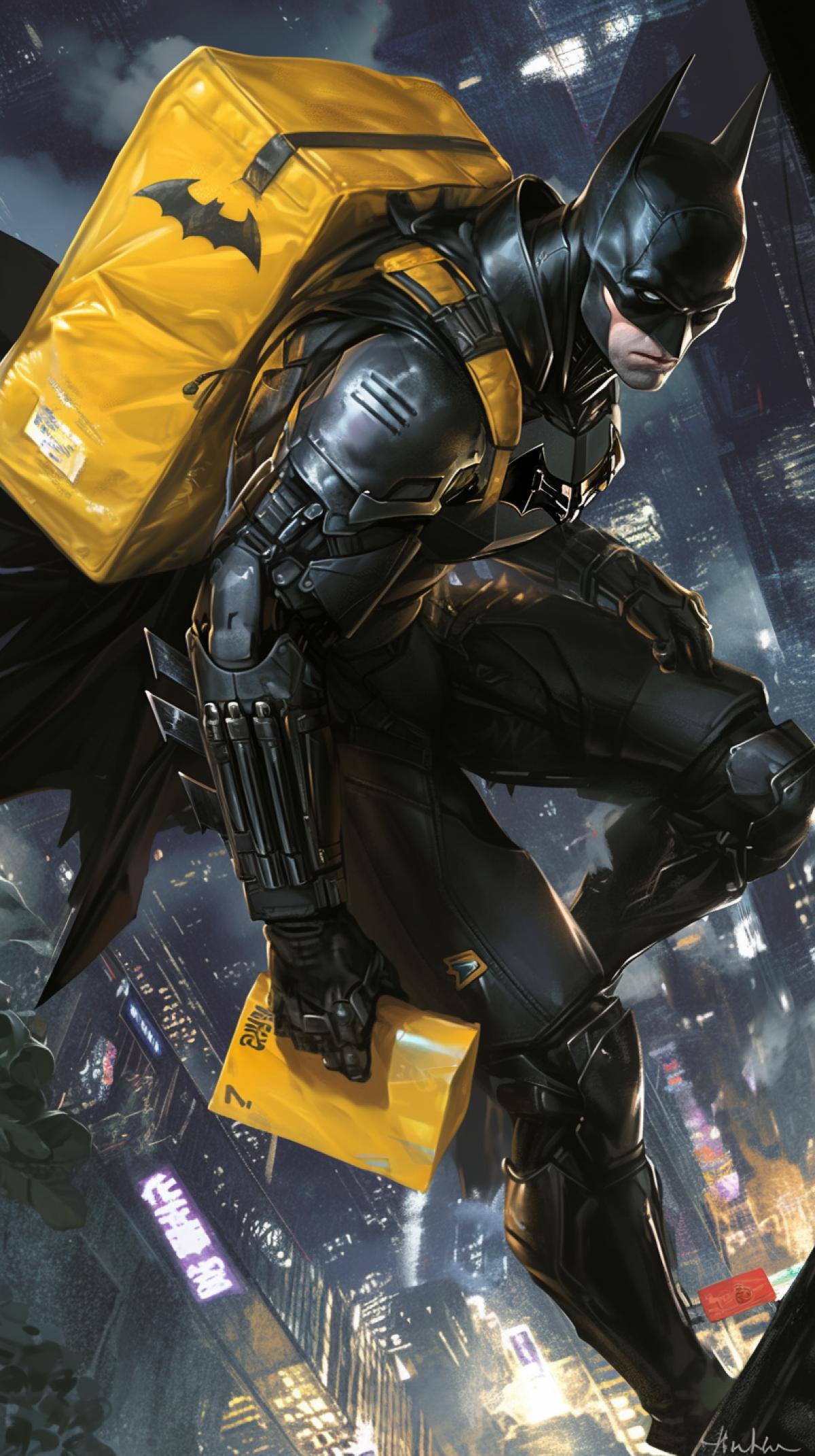 Batman works as a courier, yellow backpack on his back, night city, concept art, anime, painting, mangacore, cartooncore, game art, semi realistic, photo realistic, hyper realistic, hyper detailed