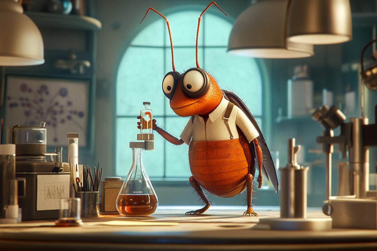 Anthropomorphic cockroach courier in courier clothes transfers a virus in a flask to a scientists laboratory, pixar style