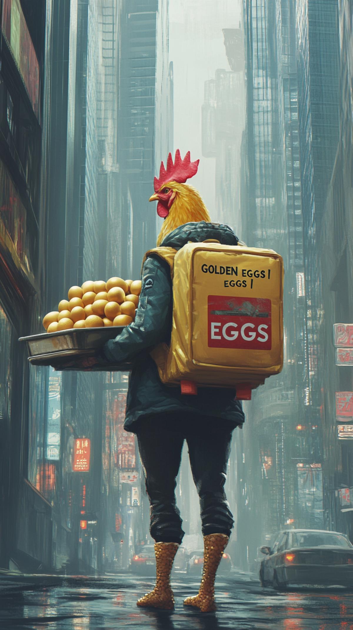 A chicken courier with a square yellow courier backpack on her back. Holds a tray of golden eggs. Cityscape, glass skyscrapers. On the backpack there is the text \"GOLDEN EGGS\"