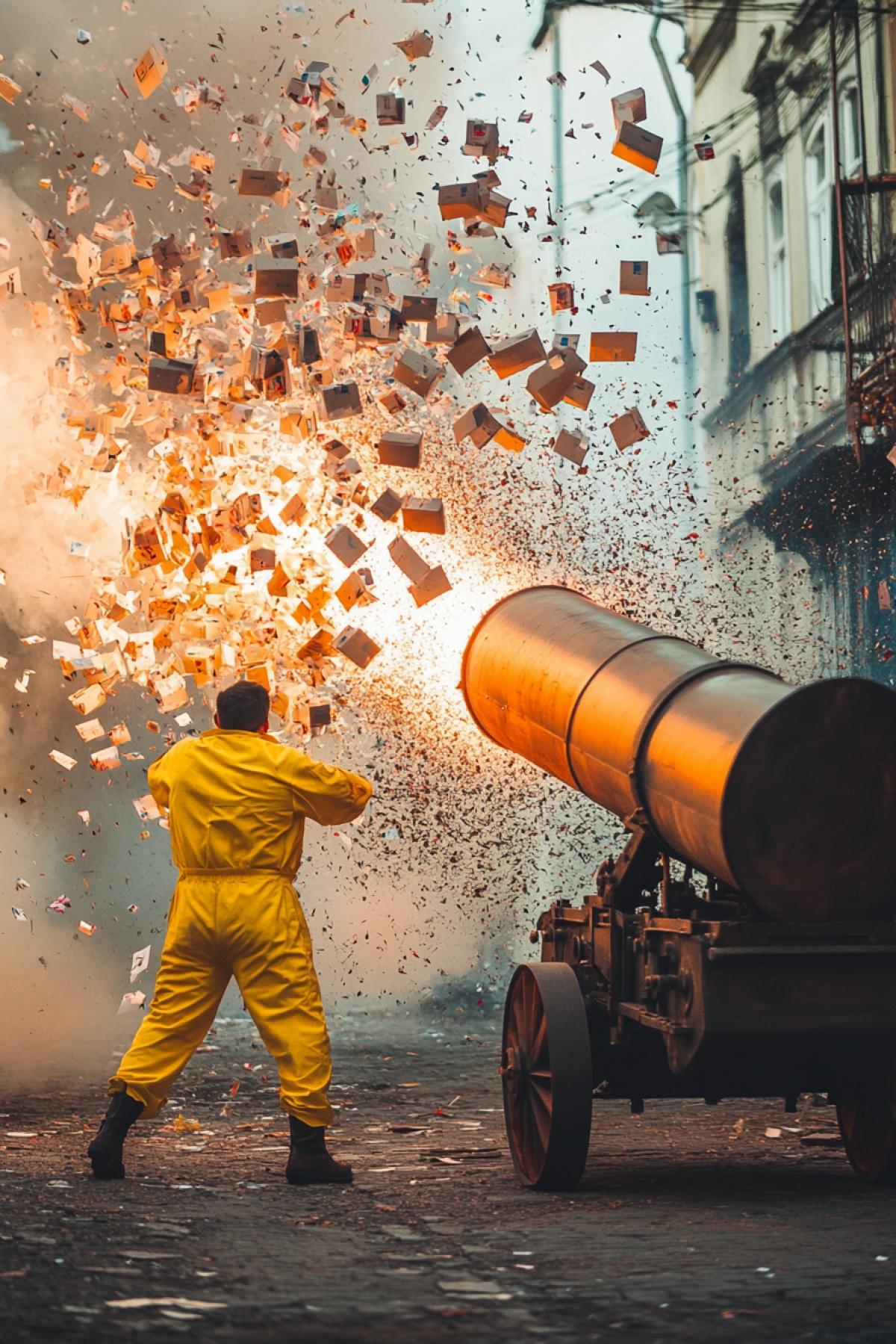 A big cannon that shoots postal parcels. A man in yellow overalls fires a volley from a cannon with postal parcels. Photo in the style of the best journalist of the month.