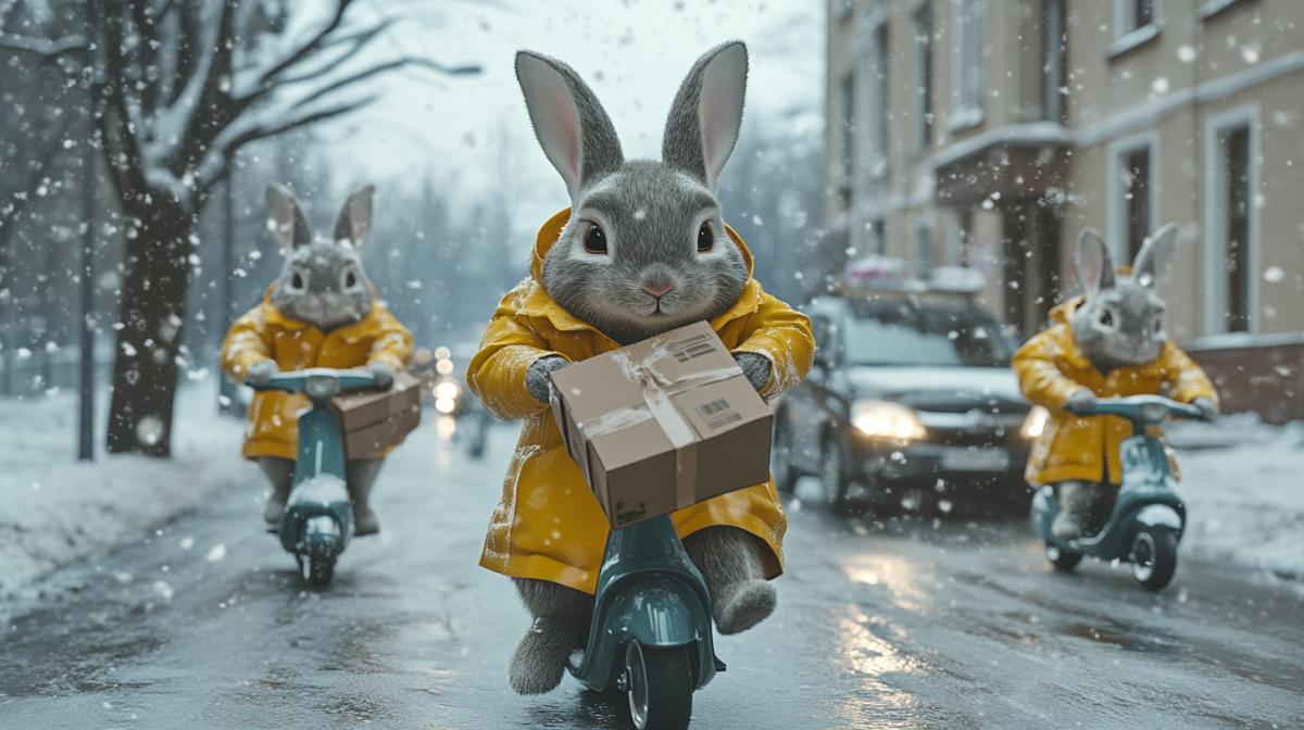 Cute couriers bunnies in yellow jackets ride on scooters with parcels. There are cars in the background of a snowy city. High quality photo. Surrealism