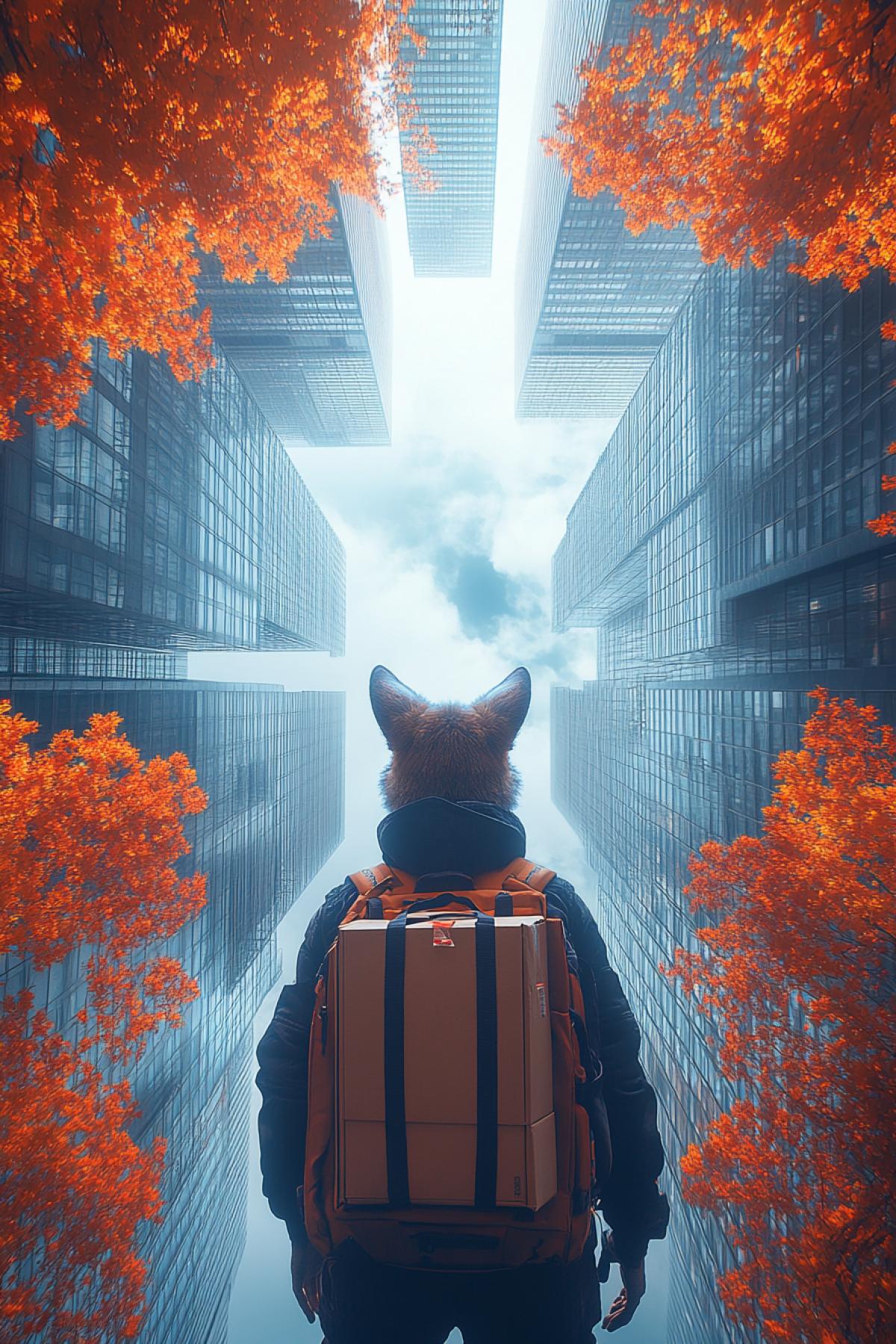 A kangaroo courier with a square yellow backpack and a box with a parcel in his pocket bag is jumping around the city, surrounded by tall buildings and autumn trees. High quality photo. Photo from a lower angle. Dynamic perspective. Selfie go pro.