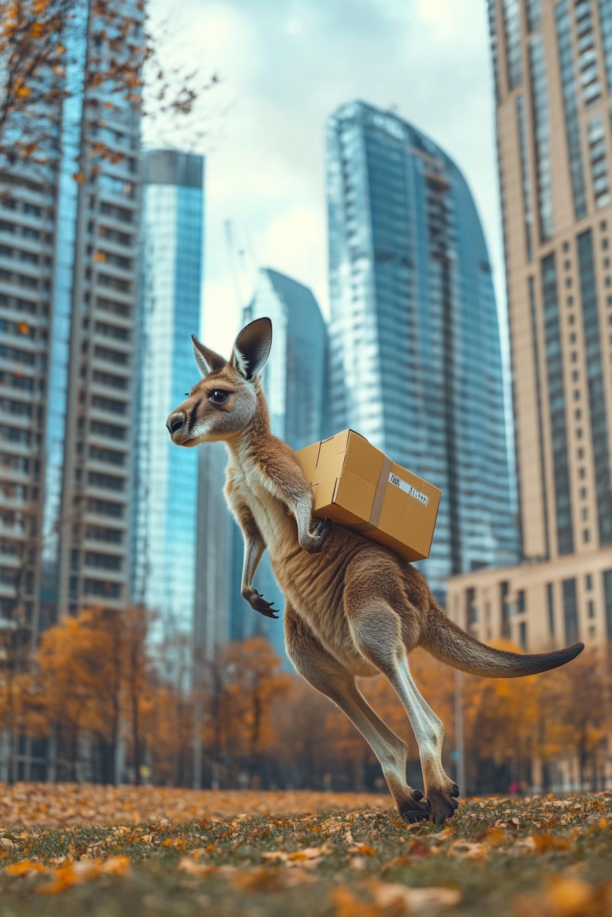 A kangaroo in the role of a courier, with a square yellow backpack and a box with a parcel in a pocket bag, gallops around the city, surrounded by tall buildings and autumn trees. High quality photo. Photo from a lower angle. Dynamic perspective.