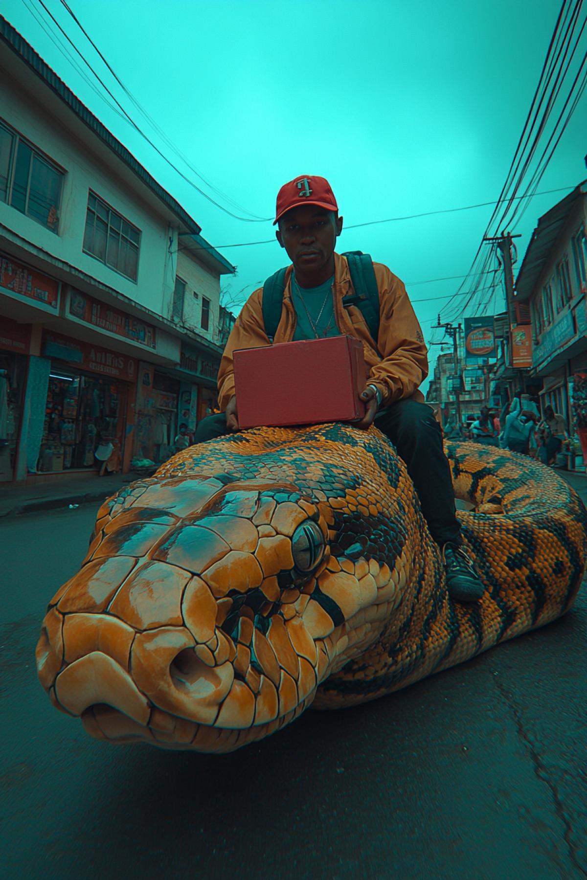 A courier with a red square backpack box and a red baseball cap sits astride a big anaconda and rushes through the city, a dynamic 4k, a high-quality reportage shot for a glossy magazine.