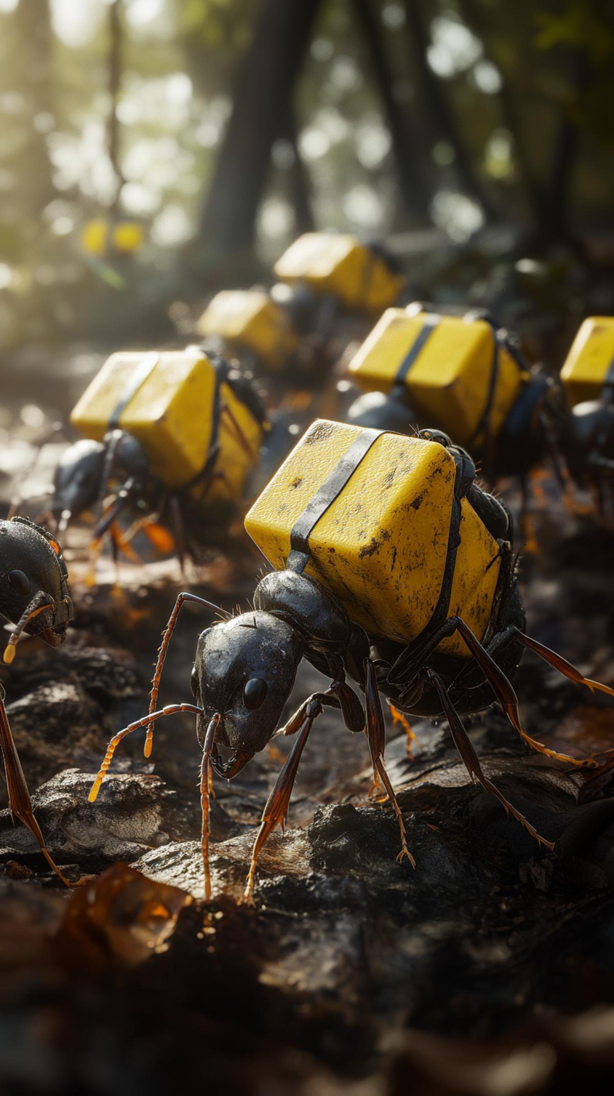 Courier ants with yellow square backpacks on their backs. Hyper-detailed, hyper-realism