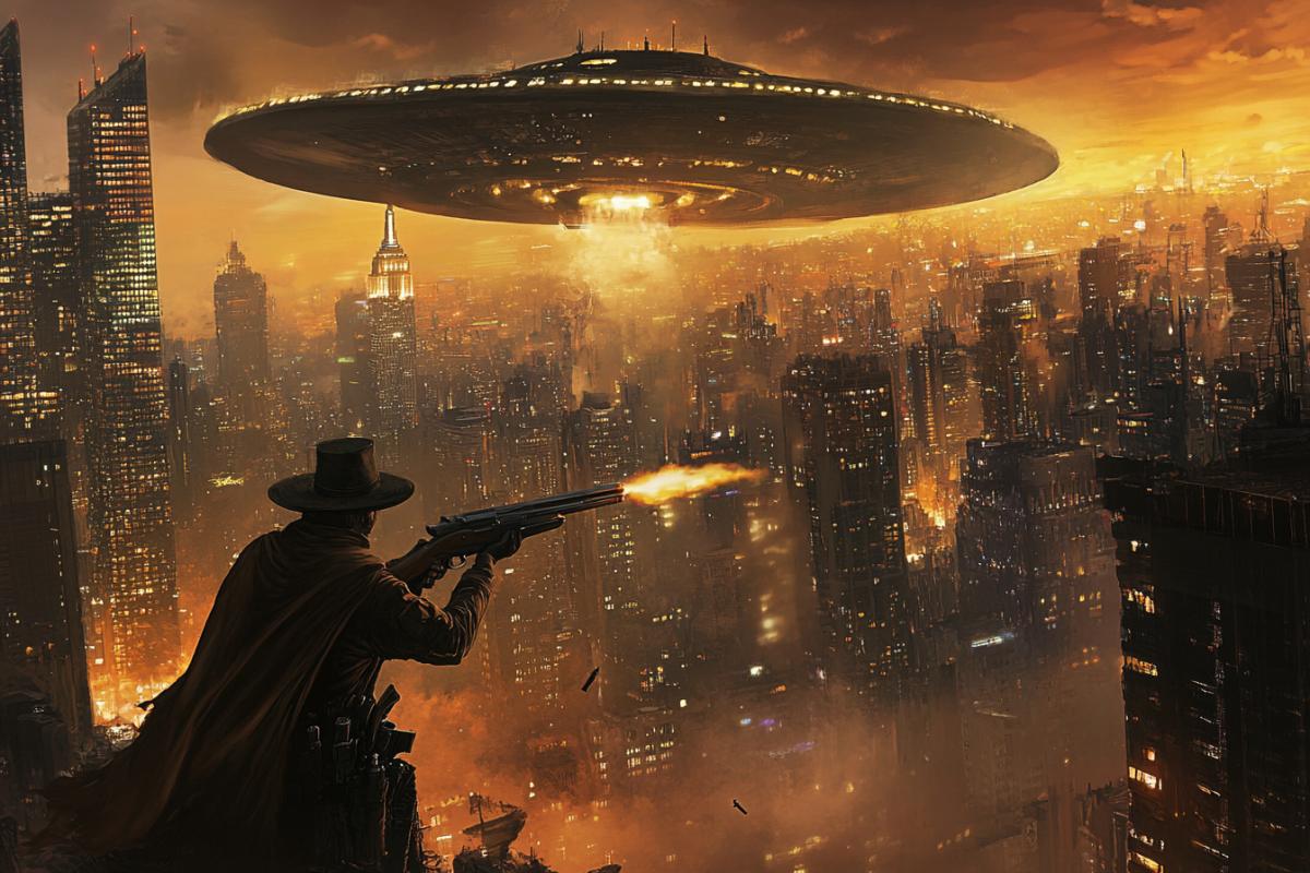 A cigar-shaped UFO hovered over a city with skyscrapers; an American with a shotgun shoots at a UFO,