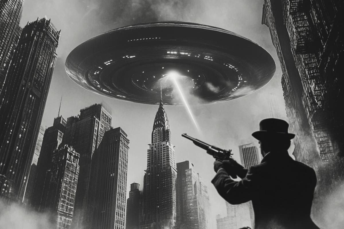 A cigar-shaped UFO hovered over a city with skyscrapers; an American with a shotgun shoots at a UFO,