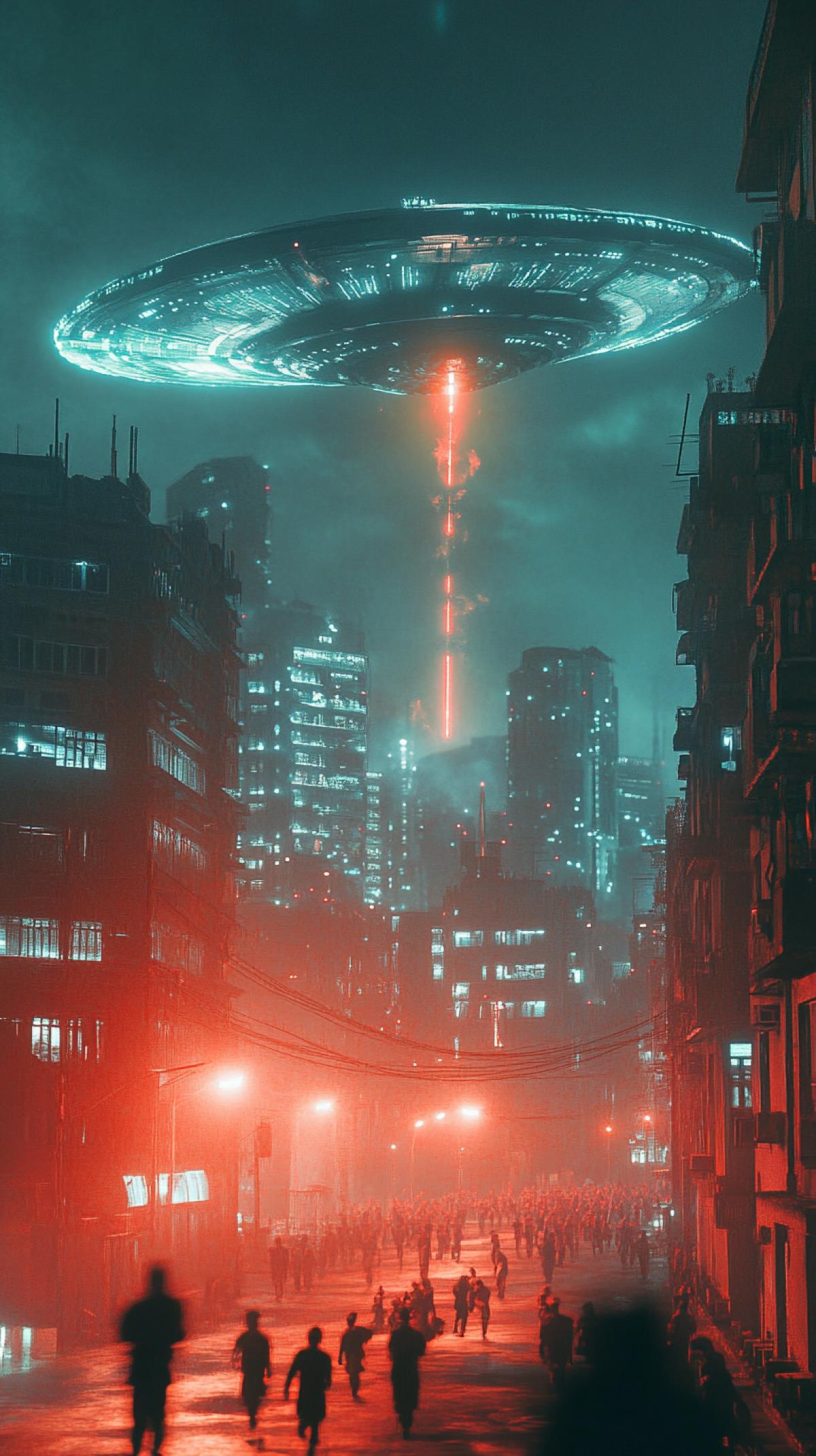 Night view of an urban landscape with a big alien launch vehicle hovering over it, casting bright light on the buildings below, people fleeing in horror from the ship, alien, city, launch vehicle, horizon, urbanism, technology, sky-fi, cinematic shot of the city, dramatic lighting artificial street lighting, turquoise and red, tense atmosphere, Cinestill 50D, detailed com4k