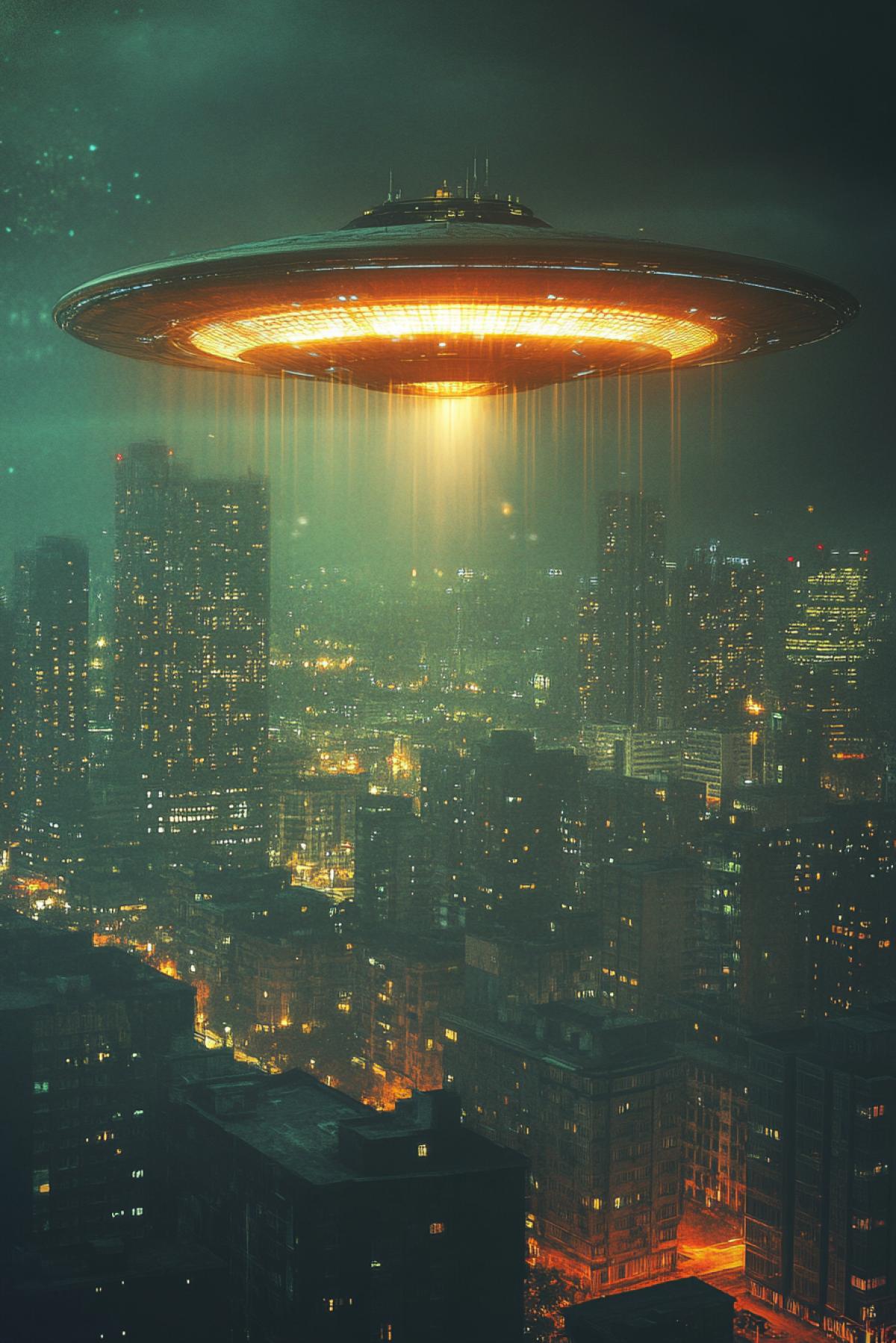 Alien dish over the city, aliens, minimalism, psychedelic, flickering, realistic image, photoshop