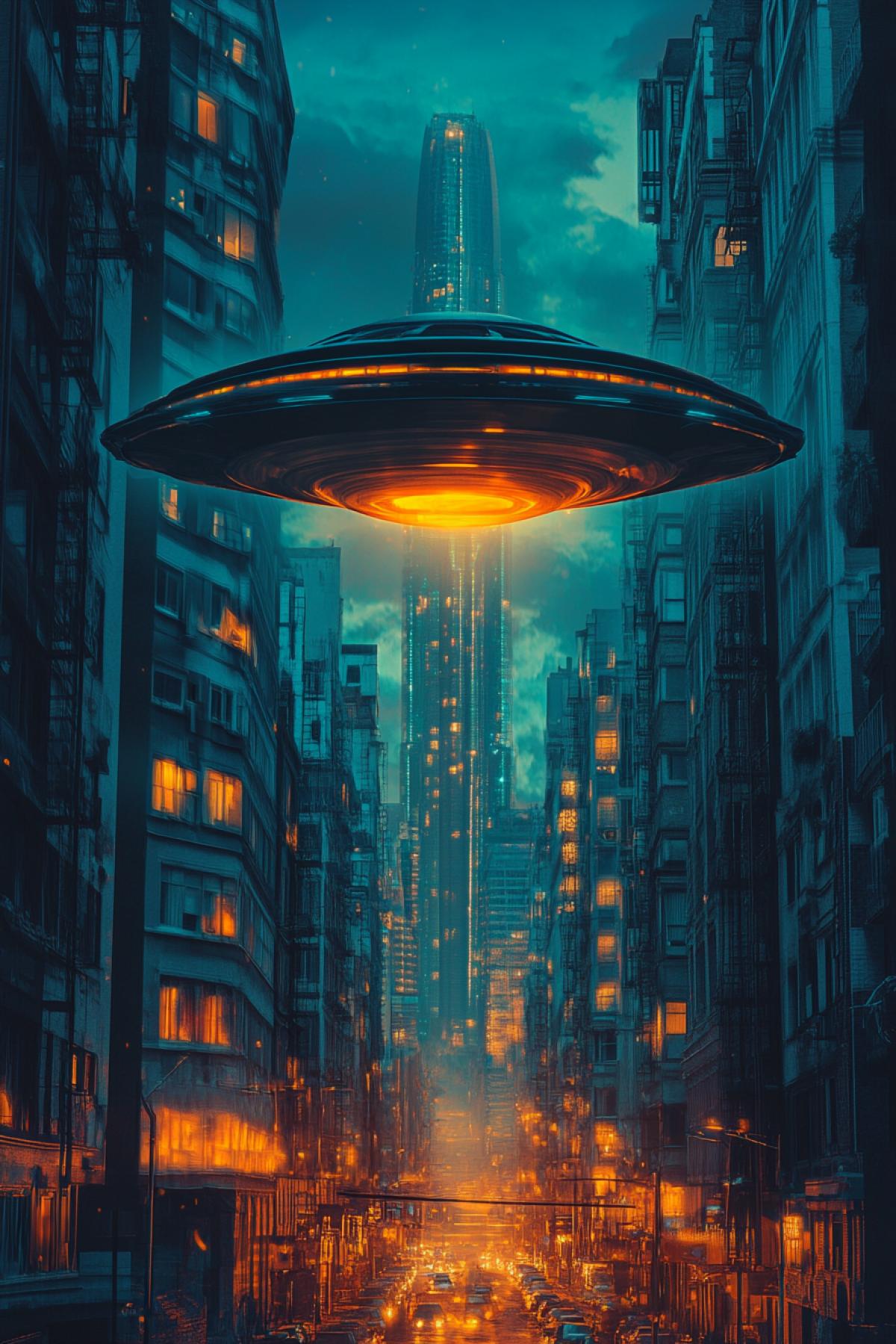 UFO over the city, caricature, psychedelic, gothic, flickering, realistic image, photoshop