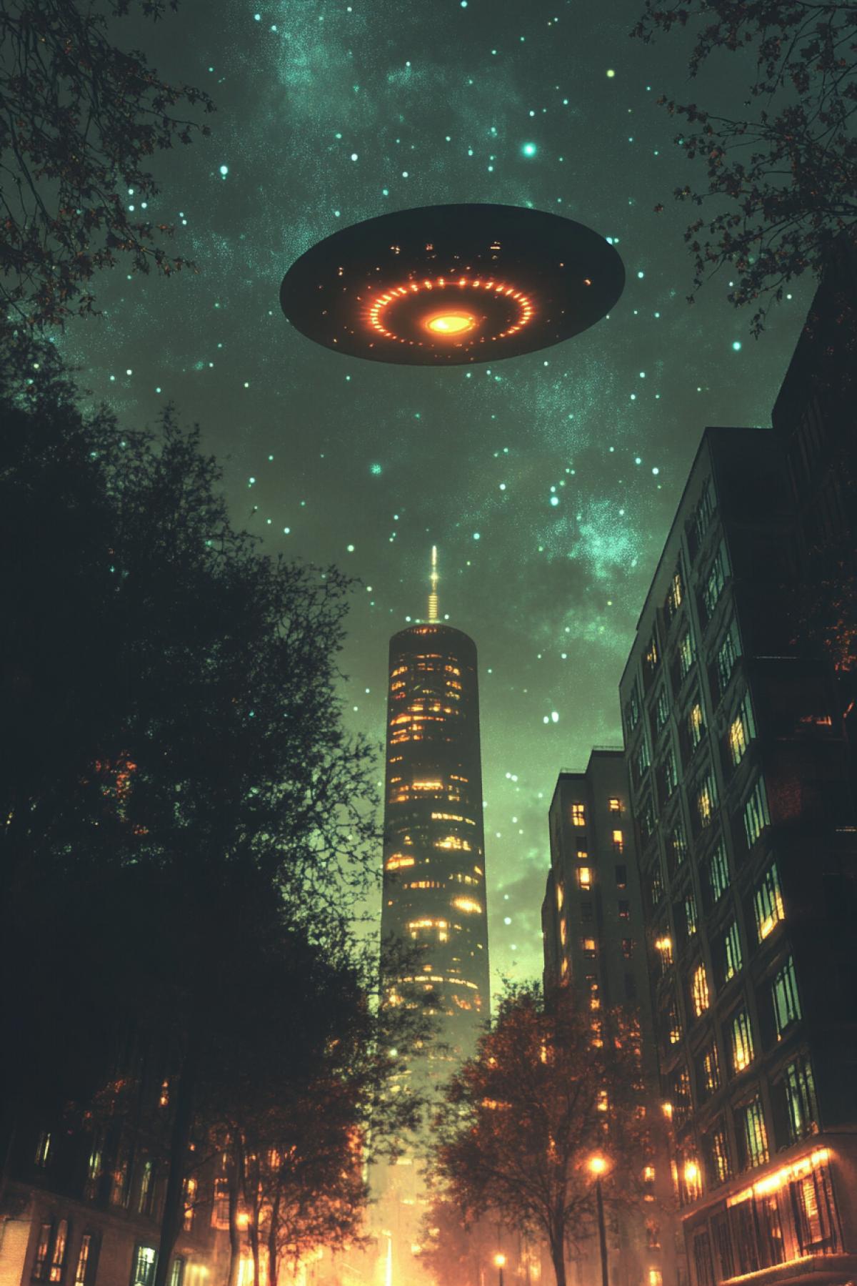 UFO over the city, caricature, psychedelic, gothic, flickering, realistic image, photoshop
