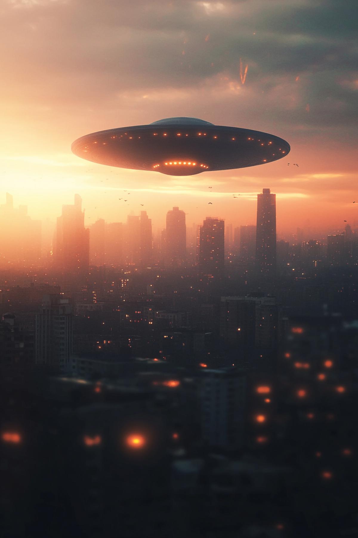 Alien dish over the city, aliens, minimalism, psychedelic, flickering, realistic image, photoshop