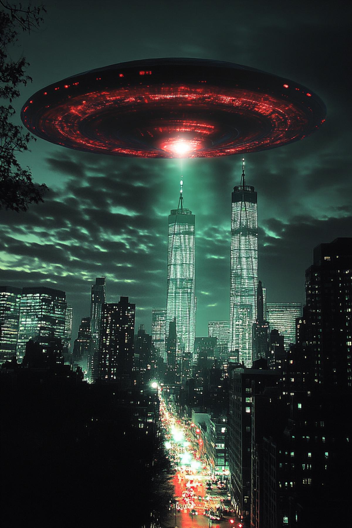 UFO over the city, caricature, psychedelic, gothic, flickering, realistic image, photoshop